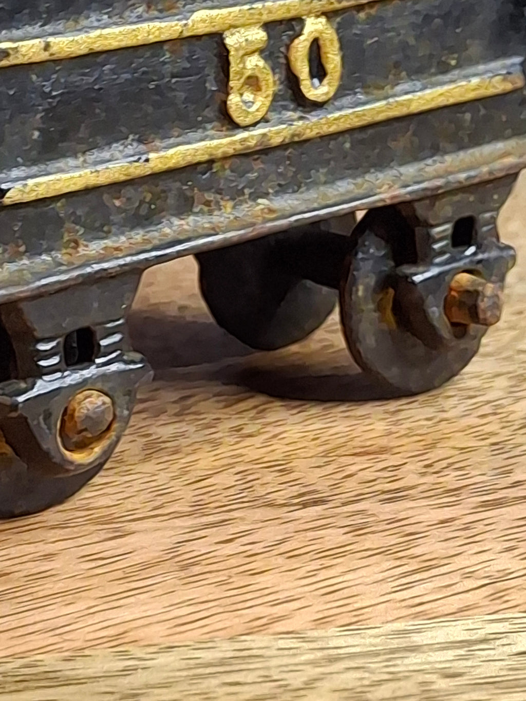Vintage Japanese Cast Iron Train Coal Car Tender No. 50 Floor Toy, Working Wheels