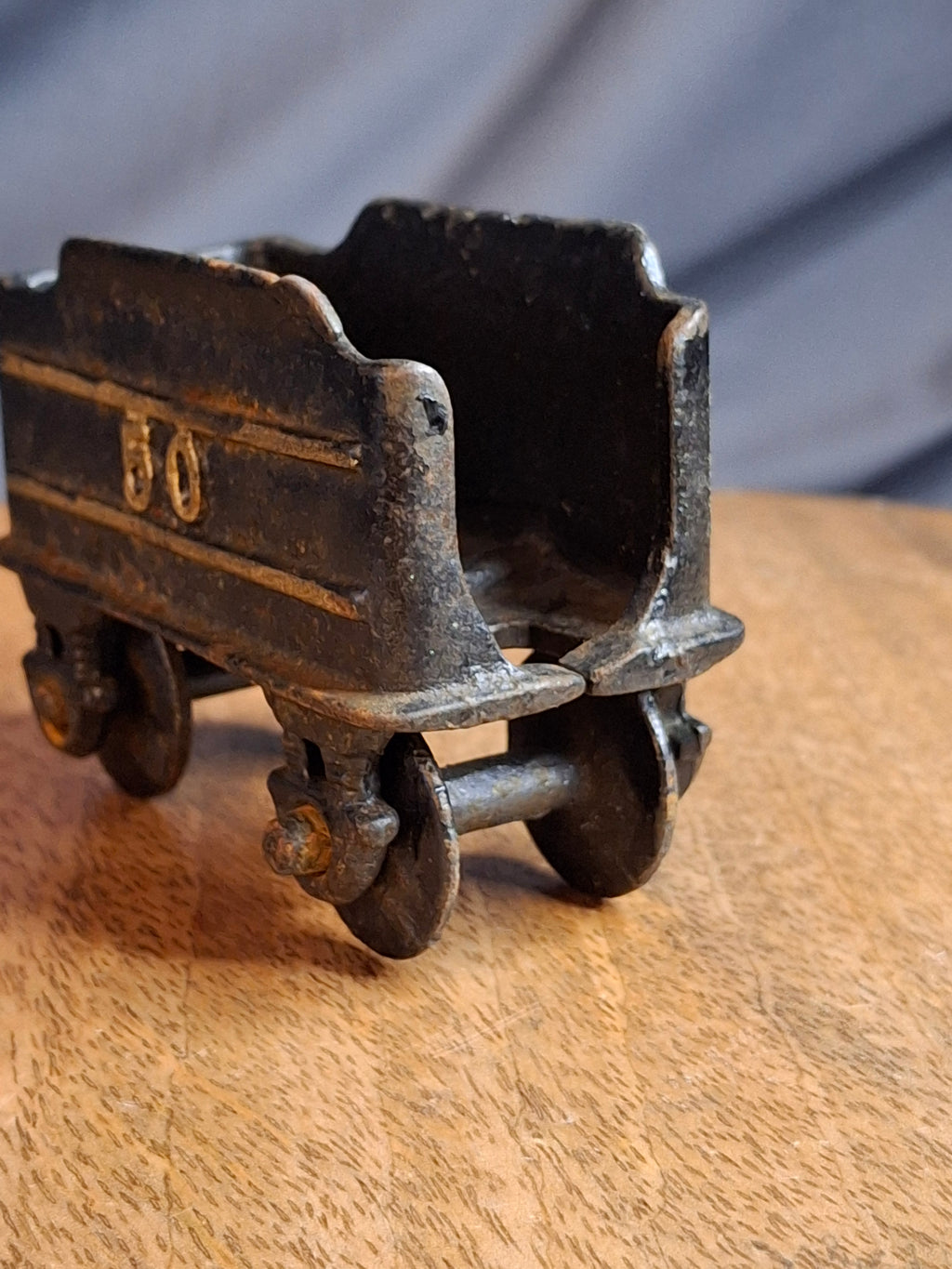 Vintage Japanese Cast Iron Train Coal Car Tender No. 50 Floor Toy, Working Wheels