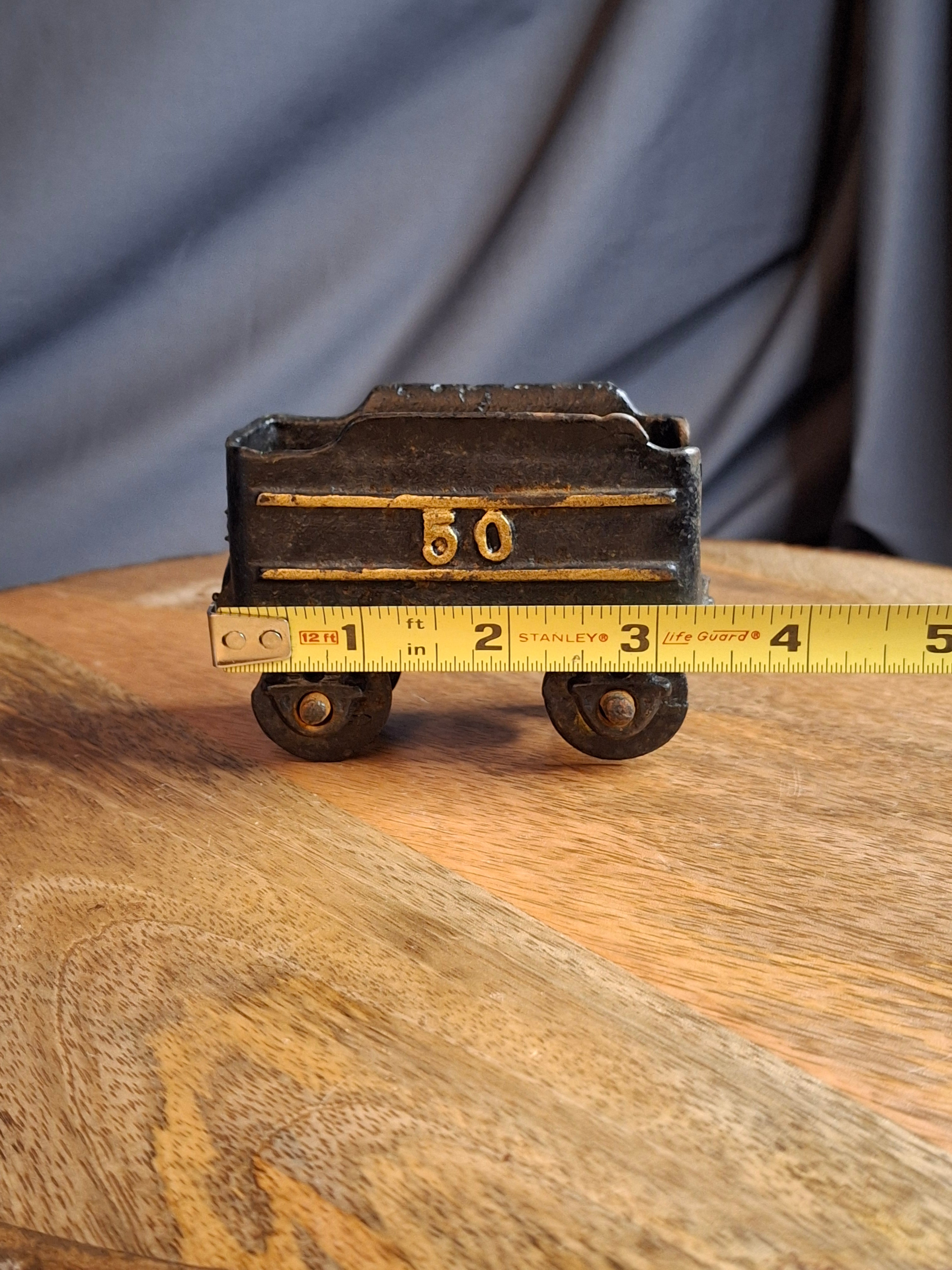 Vintage Japanese Cast Iron Train Coal Car Tender No. 50 Floor Toy, Working Wheels