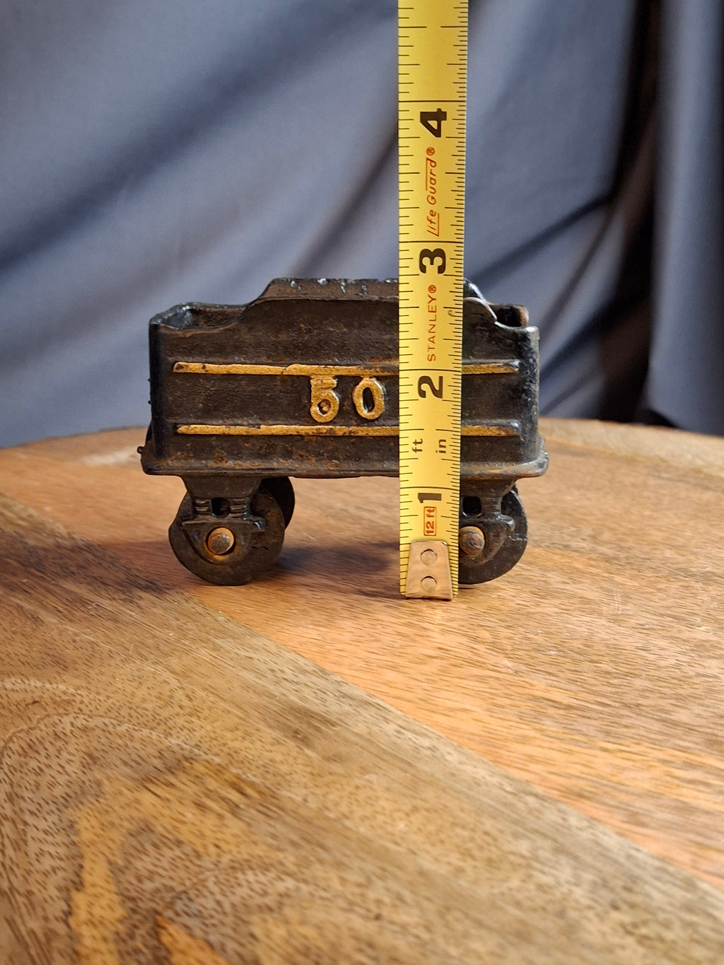 Vintage Japanese Cast Iron Train Coal Car Tender No. 50 Floor Toy, Working Wheels