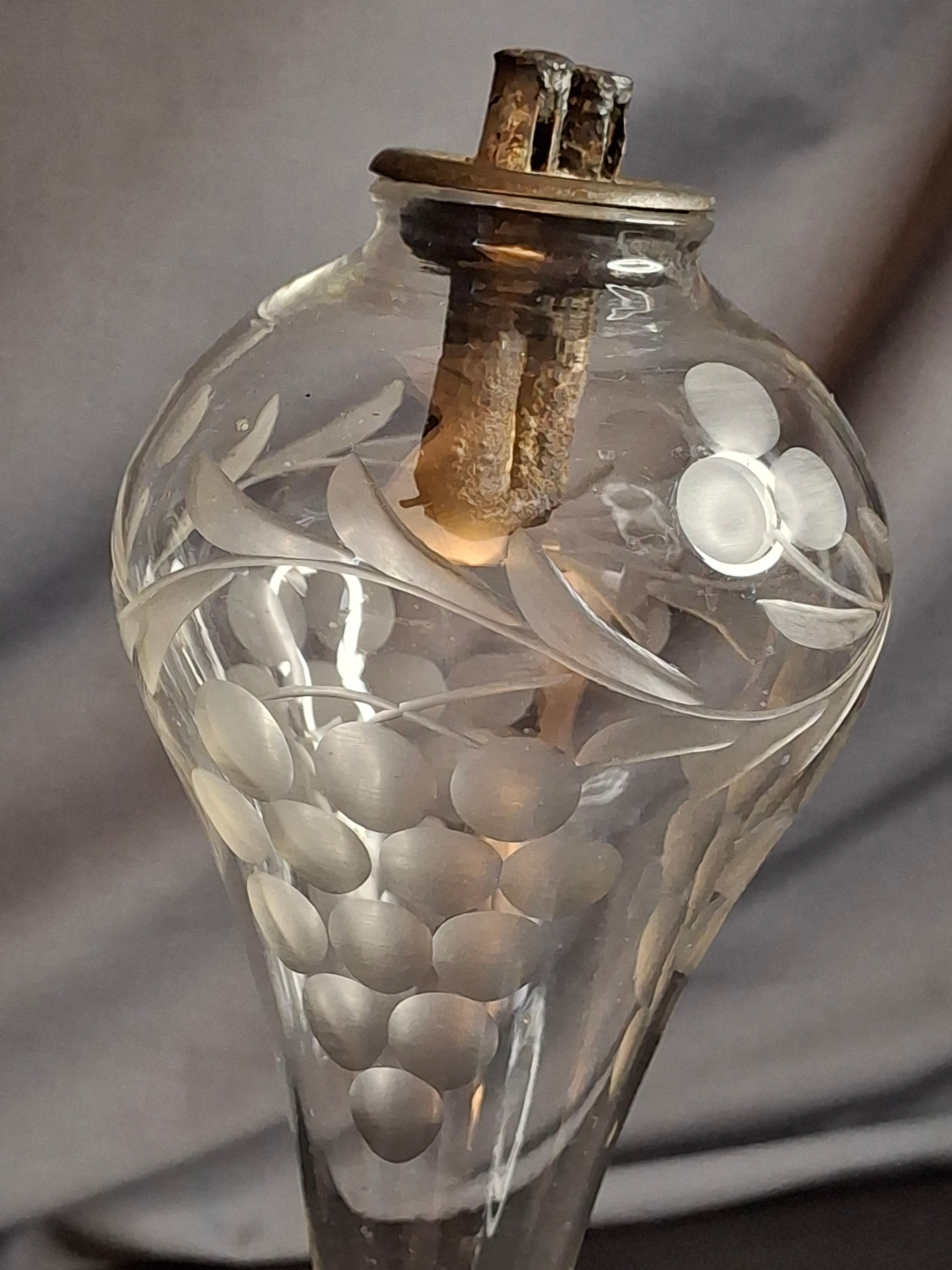Rare Antique Boston & Sandwich Engraved Glass Whale Oil Lamp "PATENT" Cork Burner c.1835