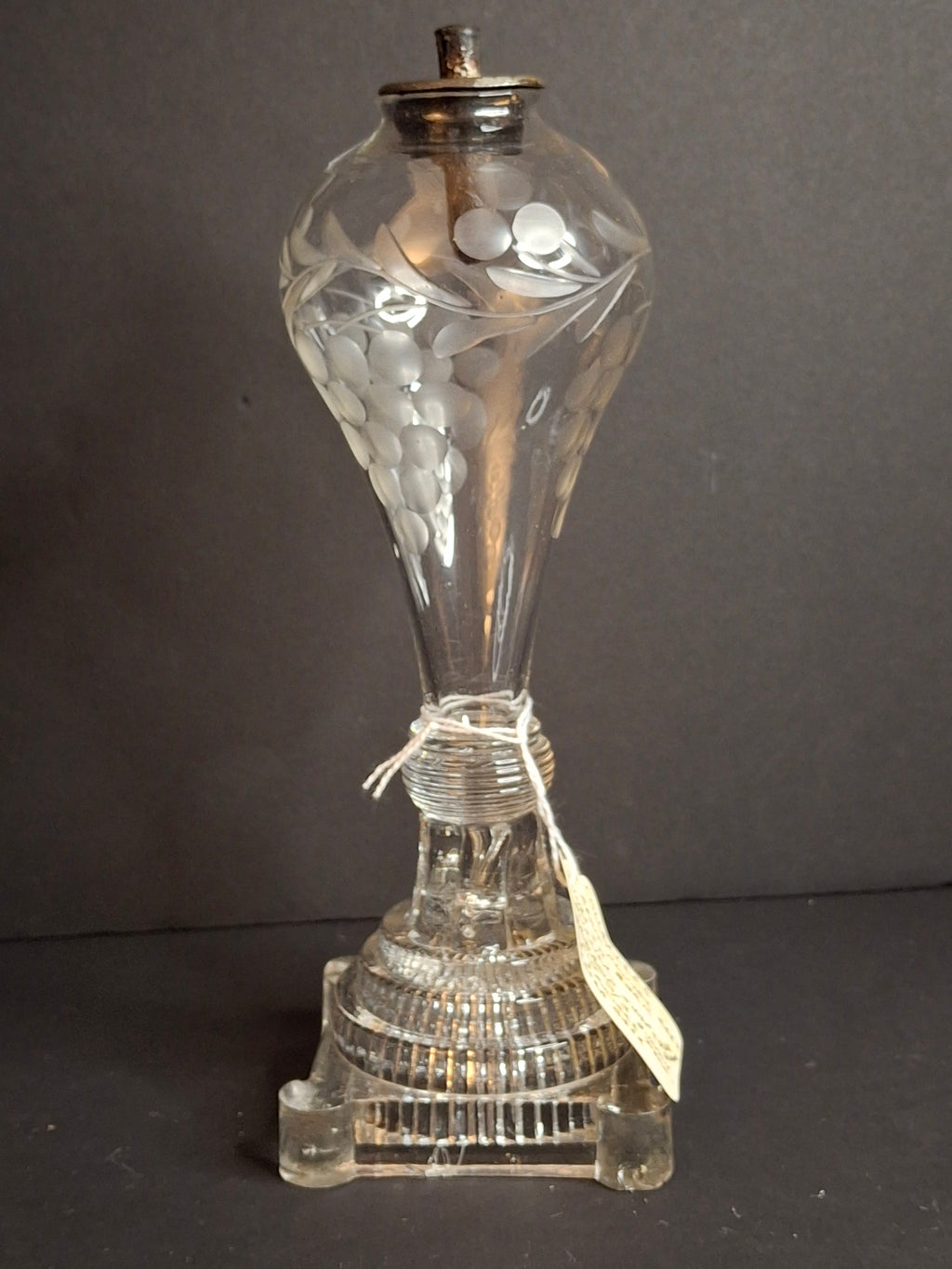 Rare Antique Boston & Sandwich Engraved Glass Whale Oil Lamp "PATENT" Cork Burner c.1835
