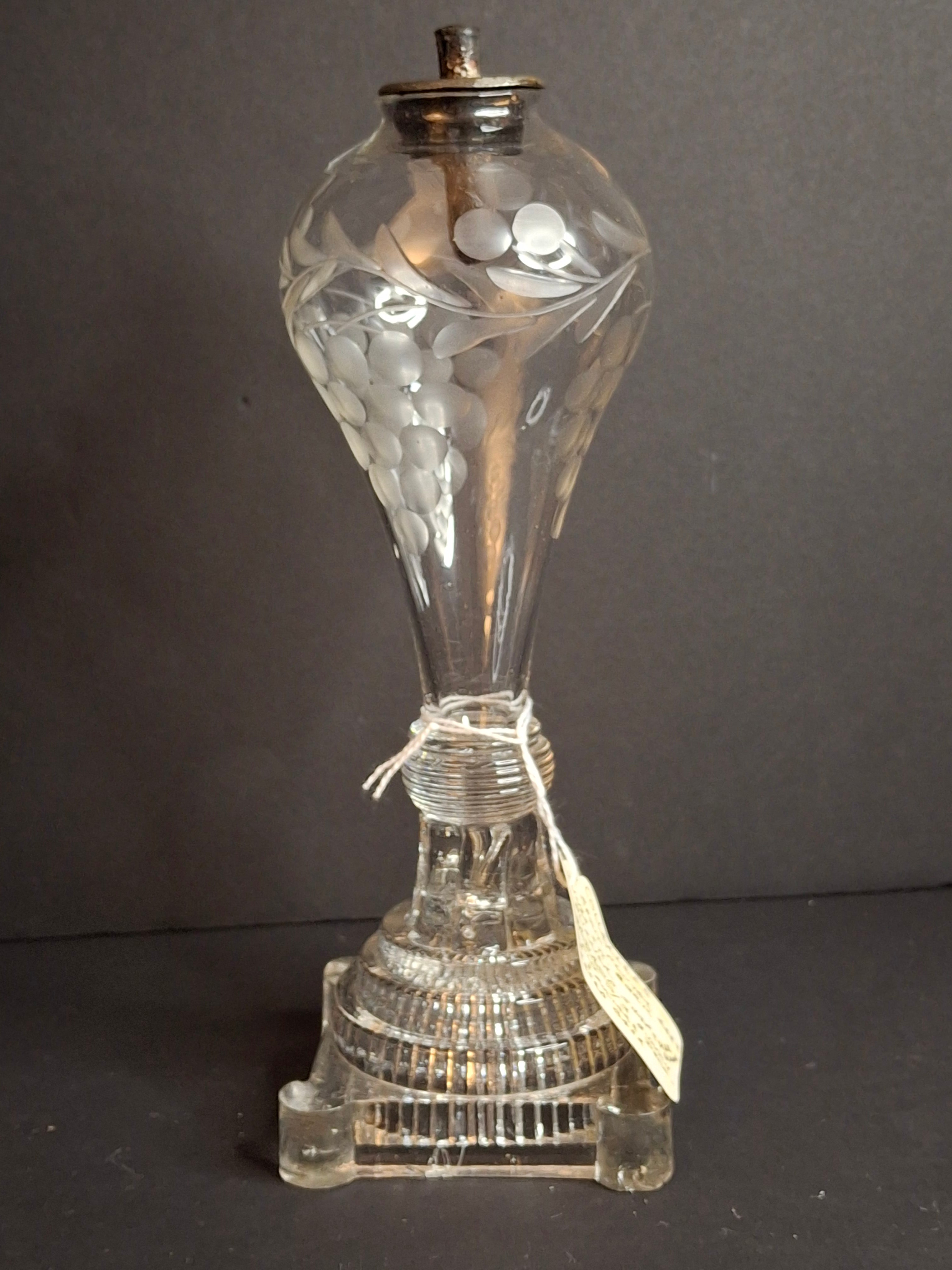 Rare Antique Boston & Sandwich Engraved Glass Whale Oil Lamp "PATENT" Cork Burner c.1835