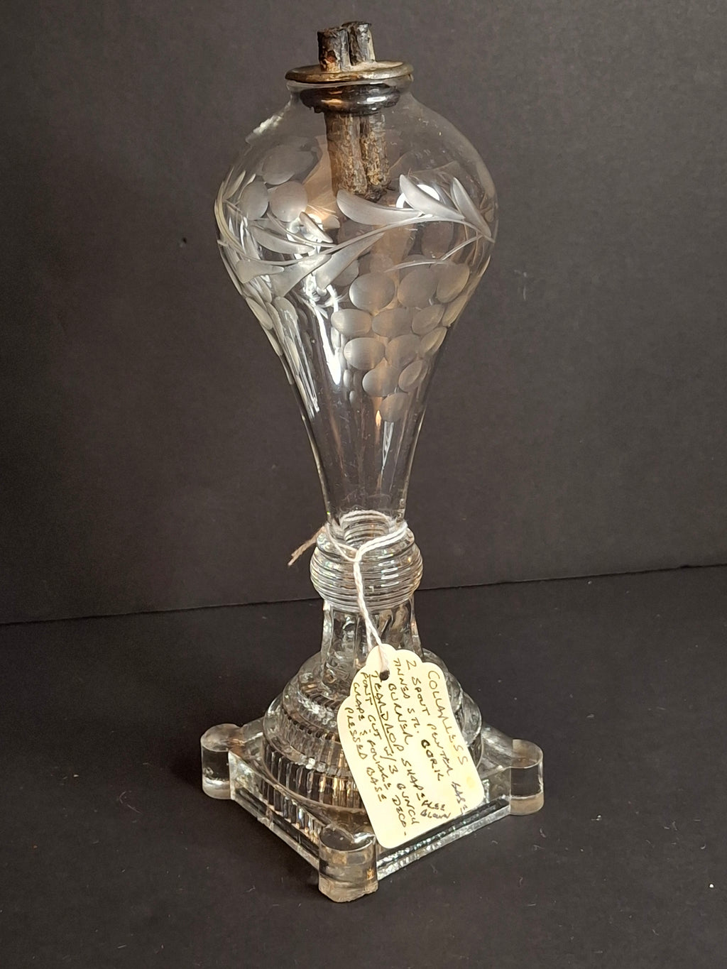 Rare Antique Boston & Sandwich Engraved Glass Whale Oil Lamp "PATENT" Cork Burner c.1835