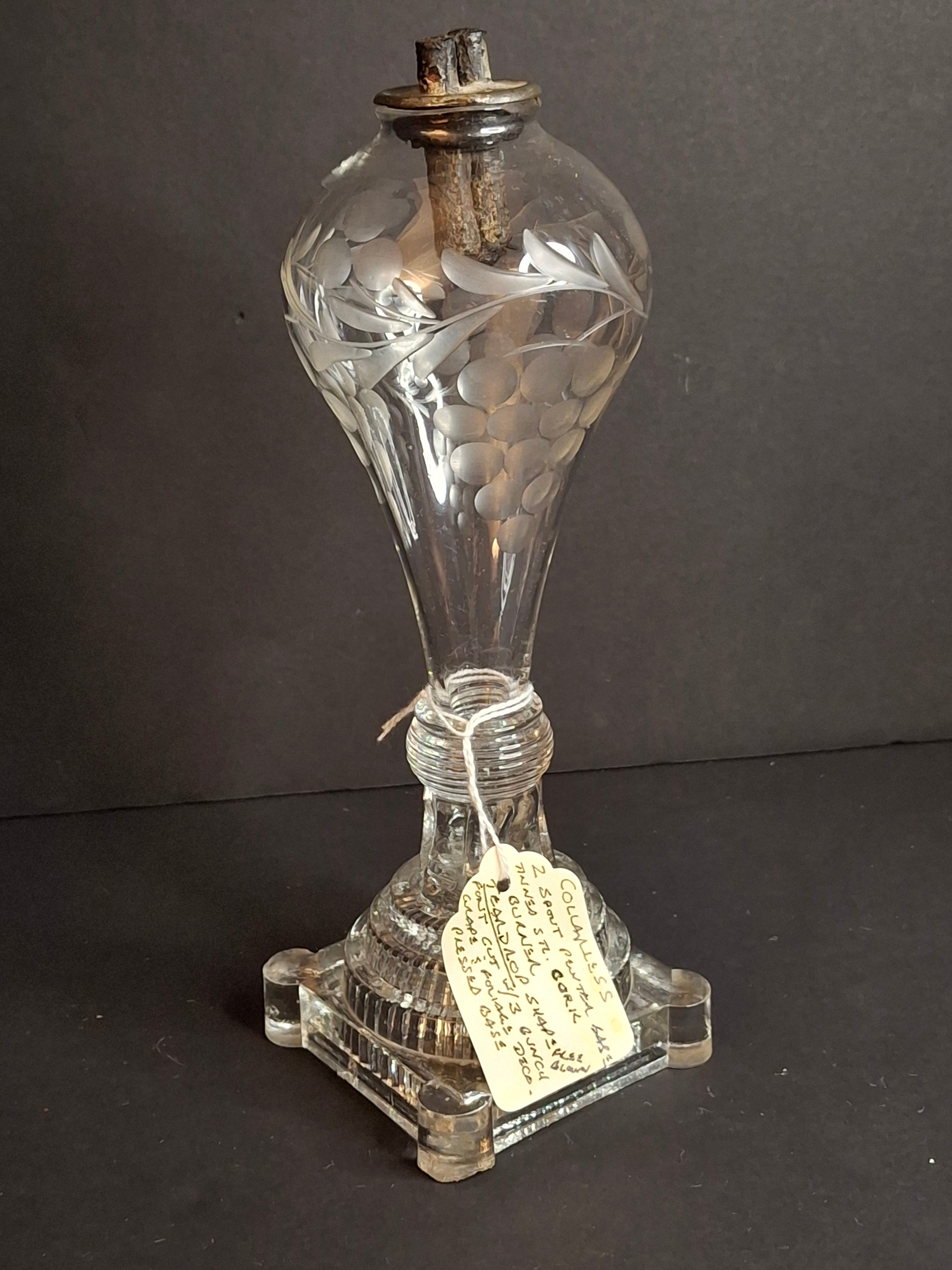 Rare Antique Boston & Sandwich Engraved Glass Whale Oil Lamp "PATENT" Cork Burner c.1835