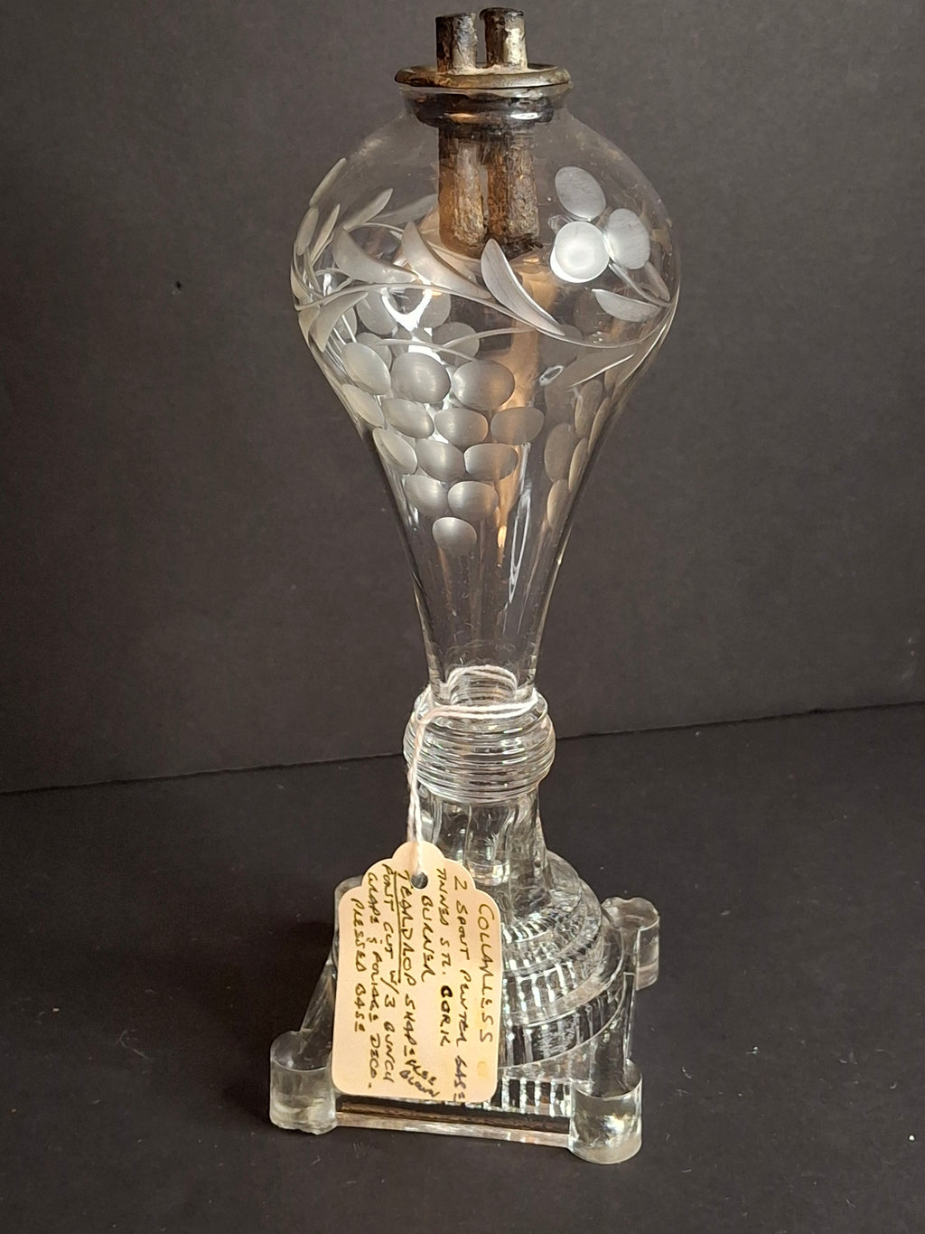Rare Antique Boston & Sandwich Engraved Glass Whale Oil Lamp "PATENT" Cork Burner c.1835