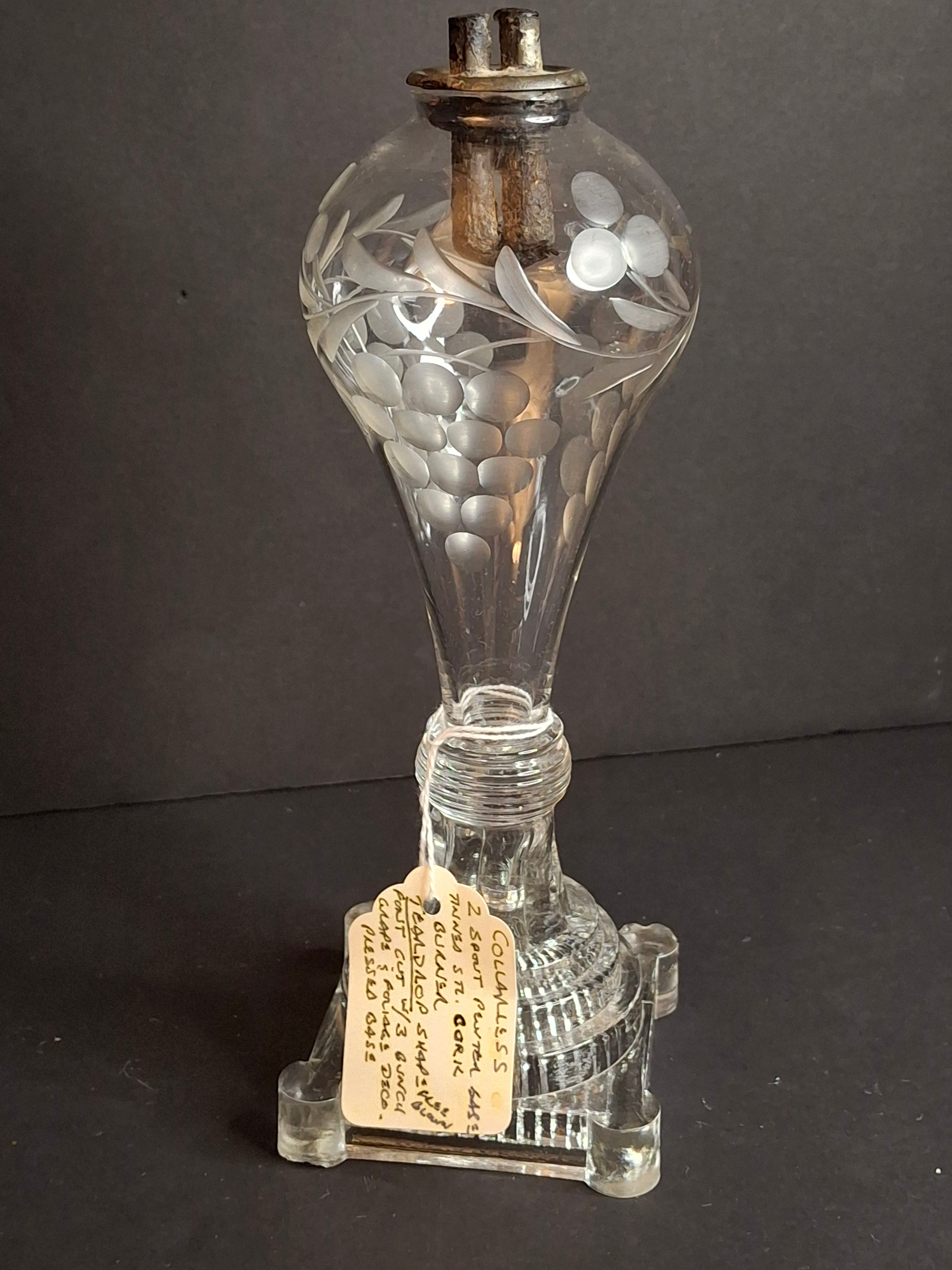 Rare Antique Boston & Sandwich Engraved Glass Whale Oil Lamp "PATENT" Cork Burner c.1835