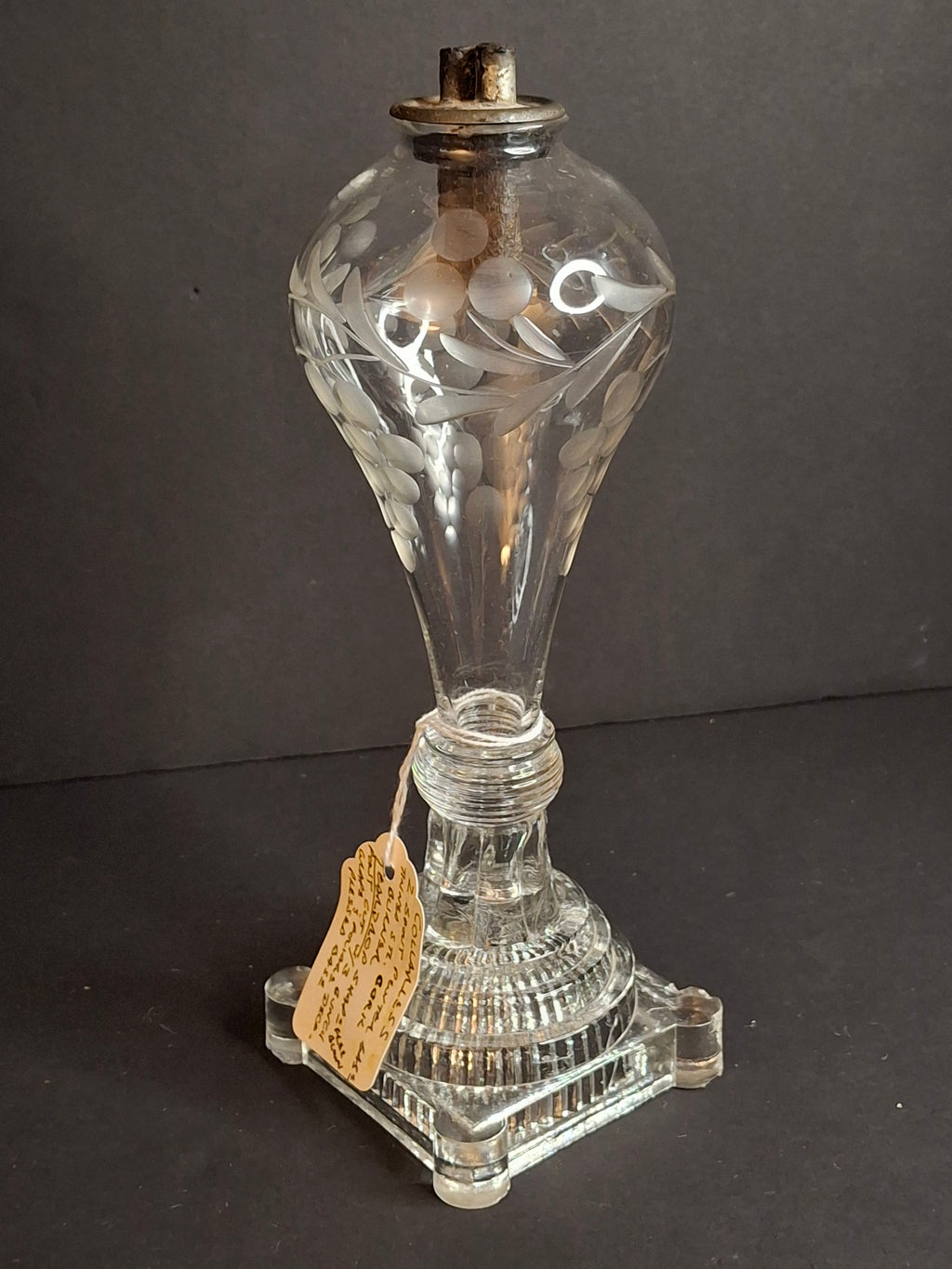 Rare Antique Boston & Sandwich Engraved Glass Whale Oil Lamp "PATENT" Cork Burner c.1835