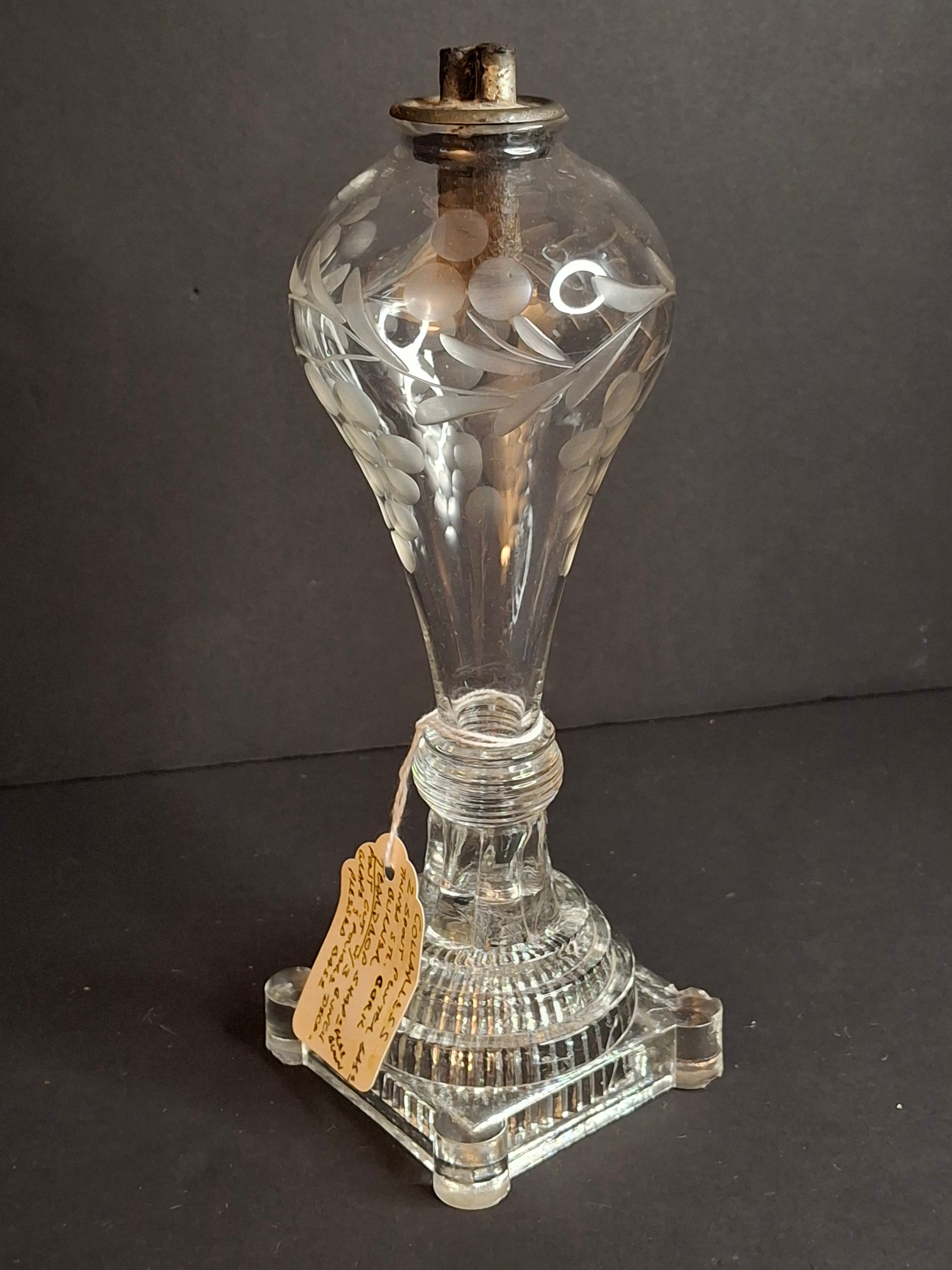 Rare Antique Boston & Sandwich Engraved Glass Whale Oil Lamp "PATENT" Cork Burner c.1835