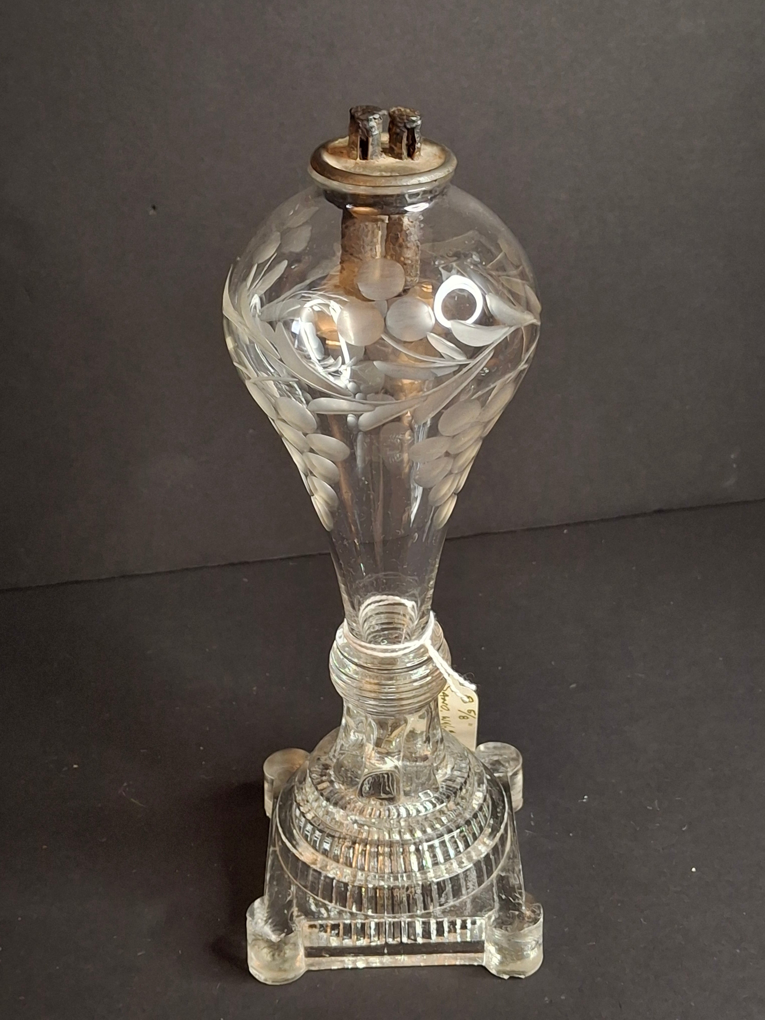 Rare Antique Boston & Sandwich Engraved Glass Whale Oil Lamp "PATENT" Cork Burner c.1835