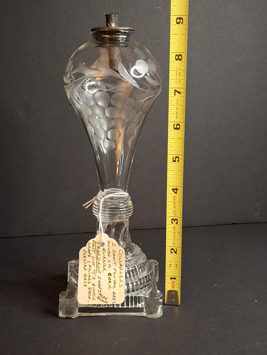 Rare Antique Boston & Sandwich Engraved Glass Whale Oil Lamp "PATENT" Cork Burner c.1835