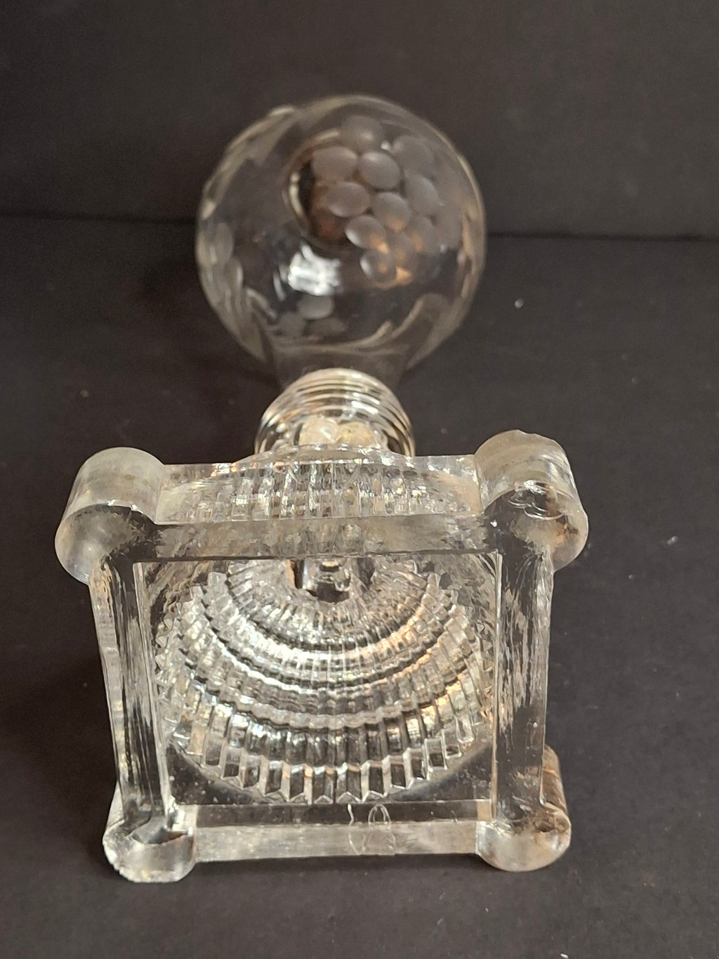 Rare Antique Boston & Sandwich Engraved Glass Whale Oil Lamp "PATENT" Cork Burner c.1835