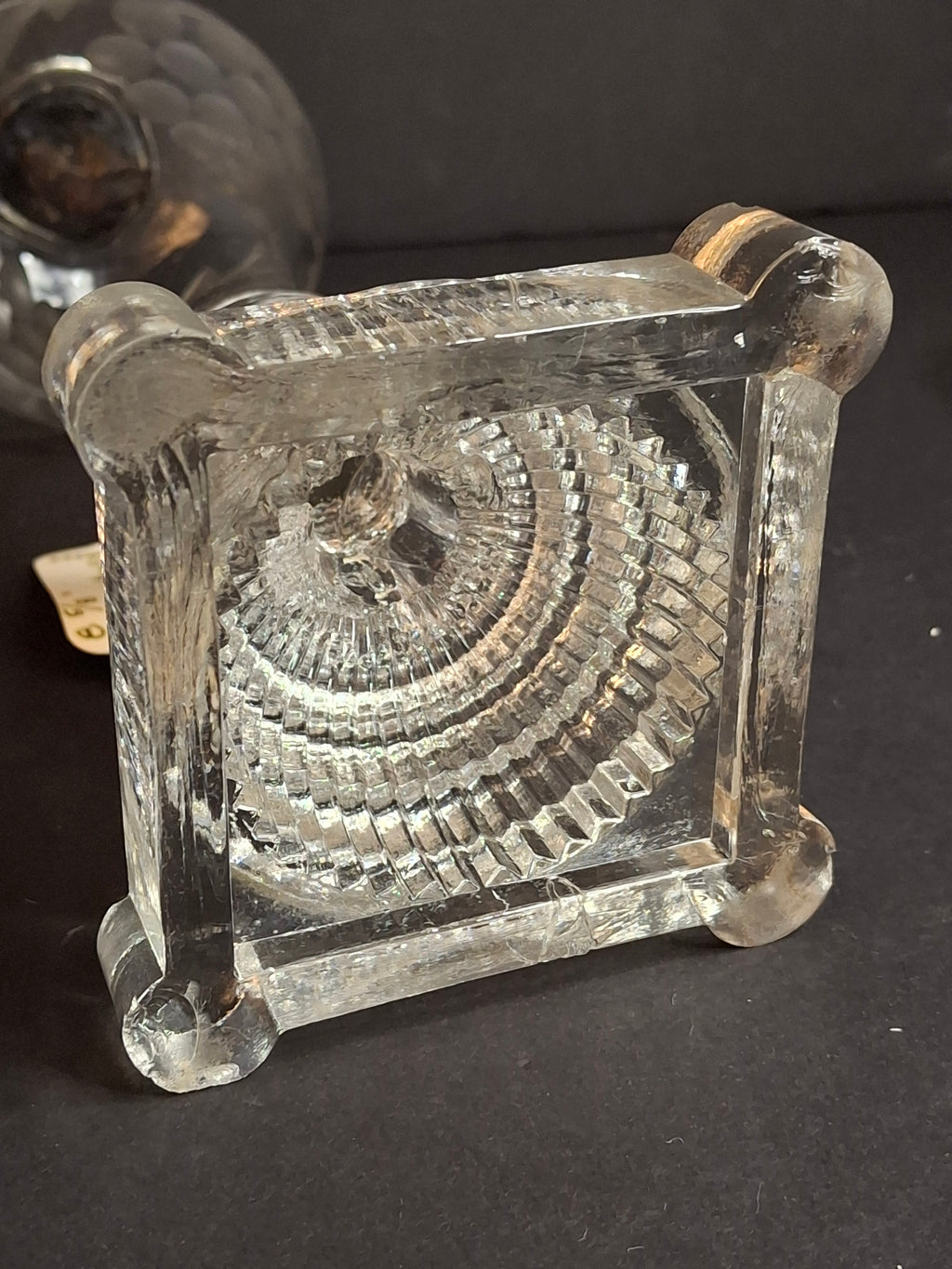 Rare Antique Boston & Sandwich Engraved Glass Whale Oil Lamp "PATENT" Cork Burner c.1835