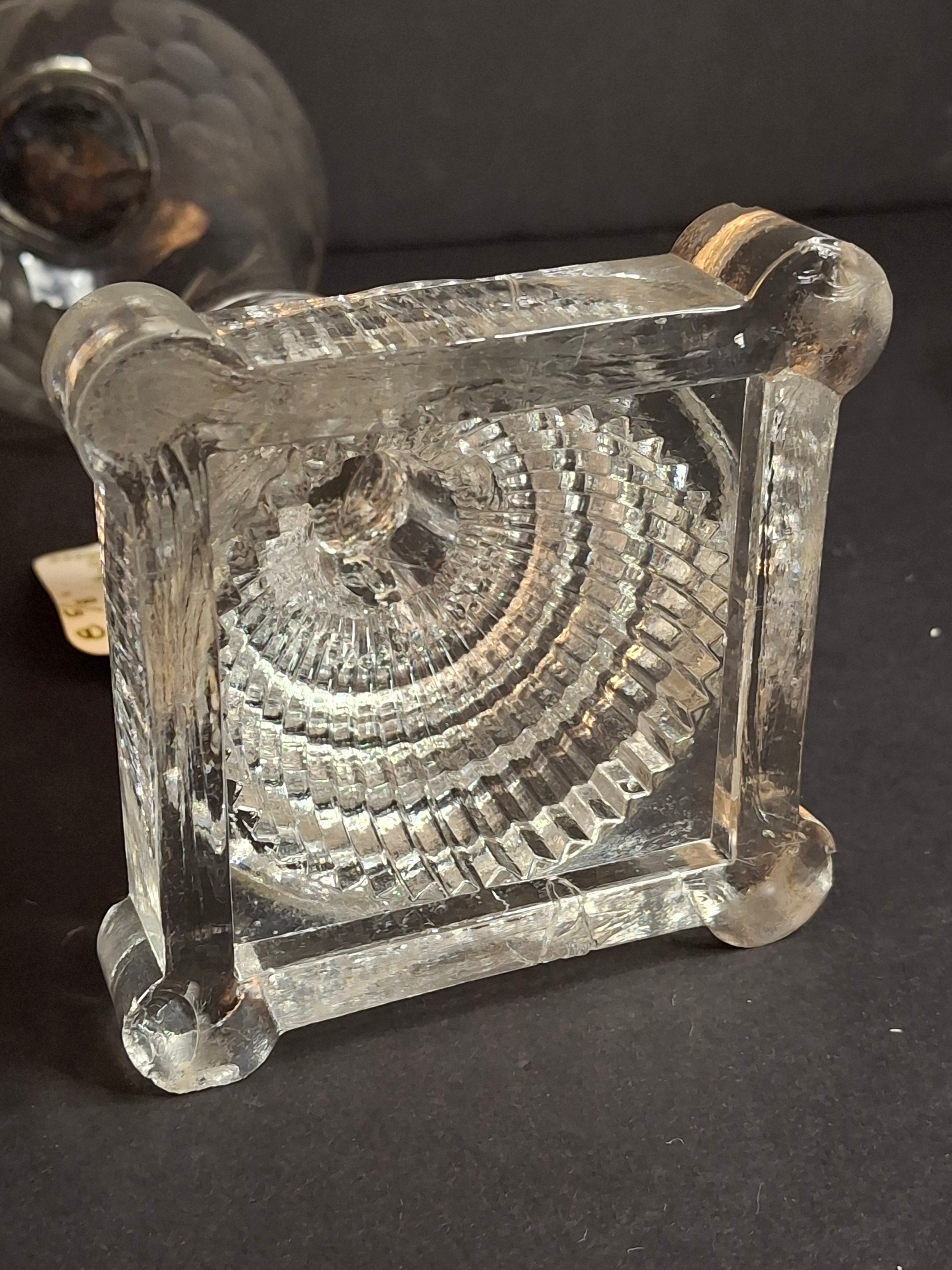 Rare Antique Boston & Sandwich Engraved Glass Whale Oil Lamp "PATENT" Cork Burner c.1835