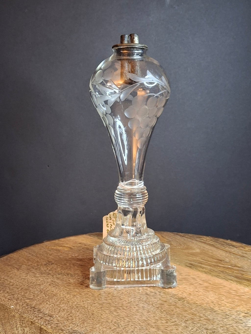 Rare Antique Boston & Sandwich Engraved Glass Whale Oil Lamp "PATENT" Cork Burner c.1835