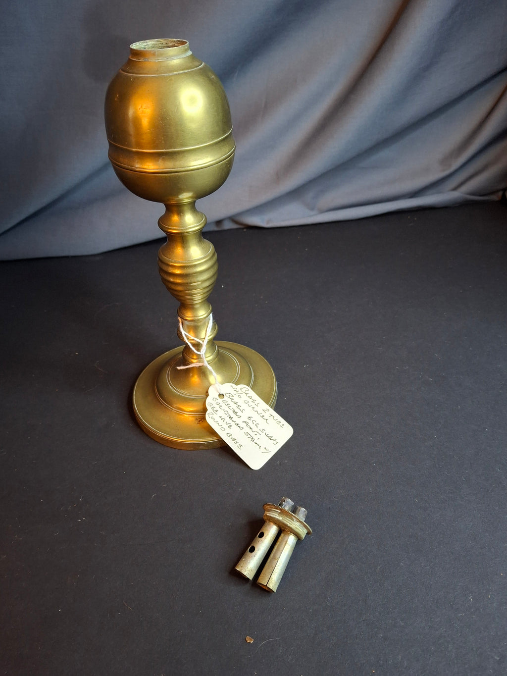 Antique 19th Century Brass Whale Oil Lamp Double Tube Baluster Beehive Stem Colonial 8"