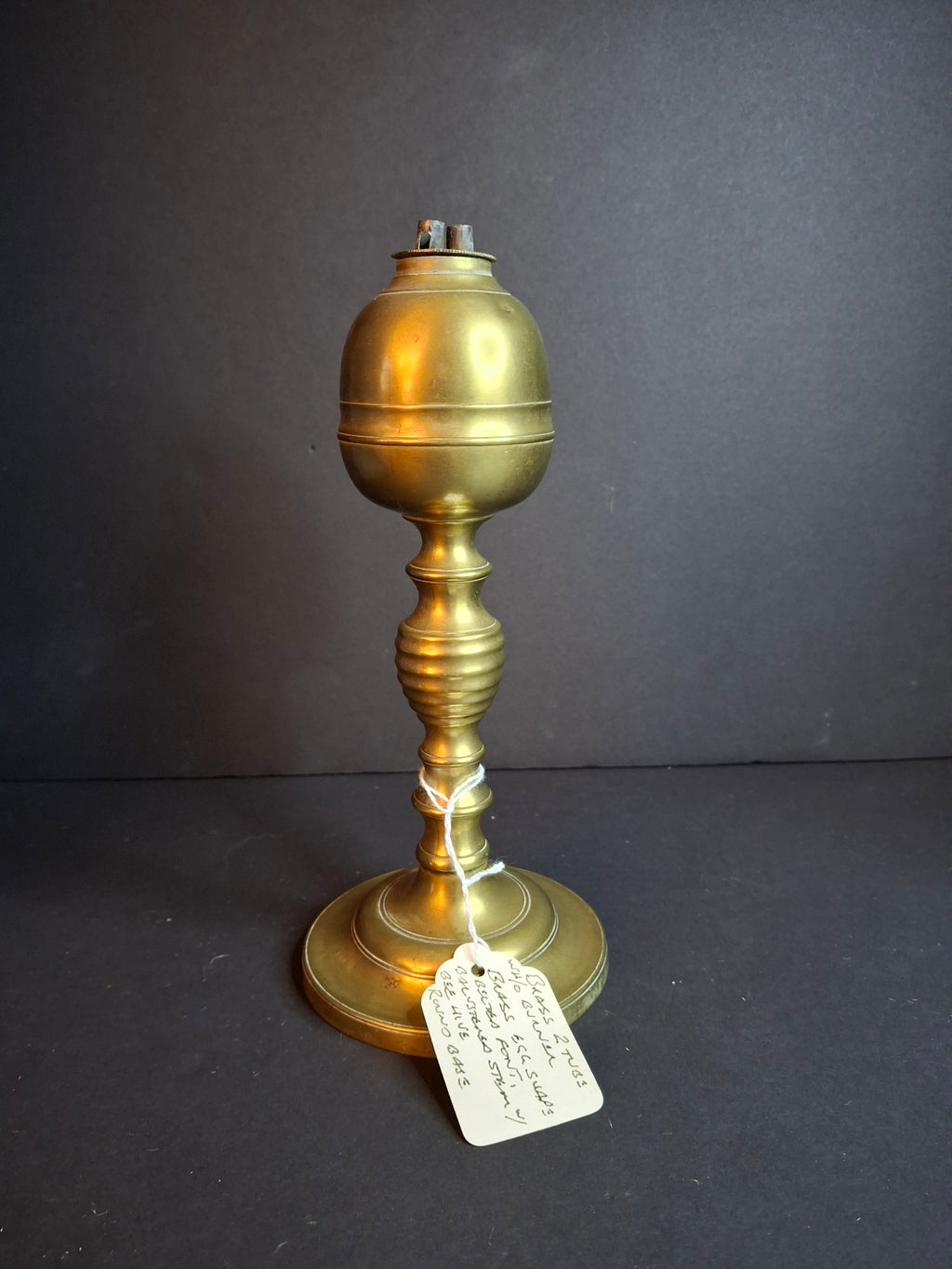 Antique 19th Century Brass Whale Oil Lamp Double Tube Baluster Beehive Stem Colonial 8"