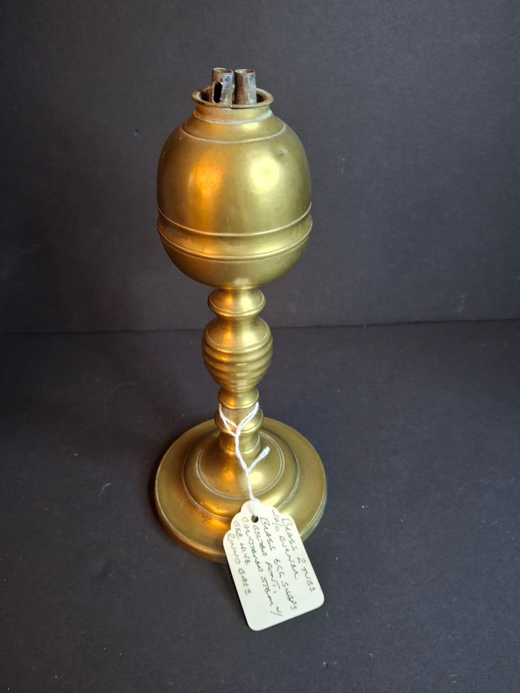 Antique 19th Century Brass Whale Oil Lamp Double Tube Baluster Beehive Stem Colonial 8"