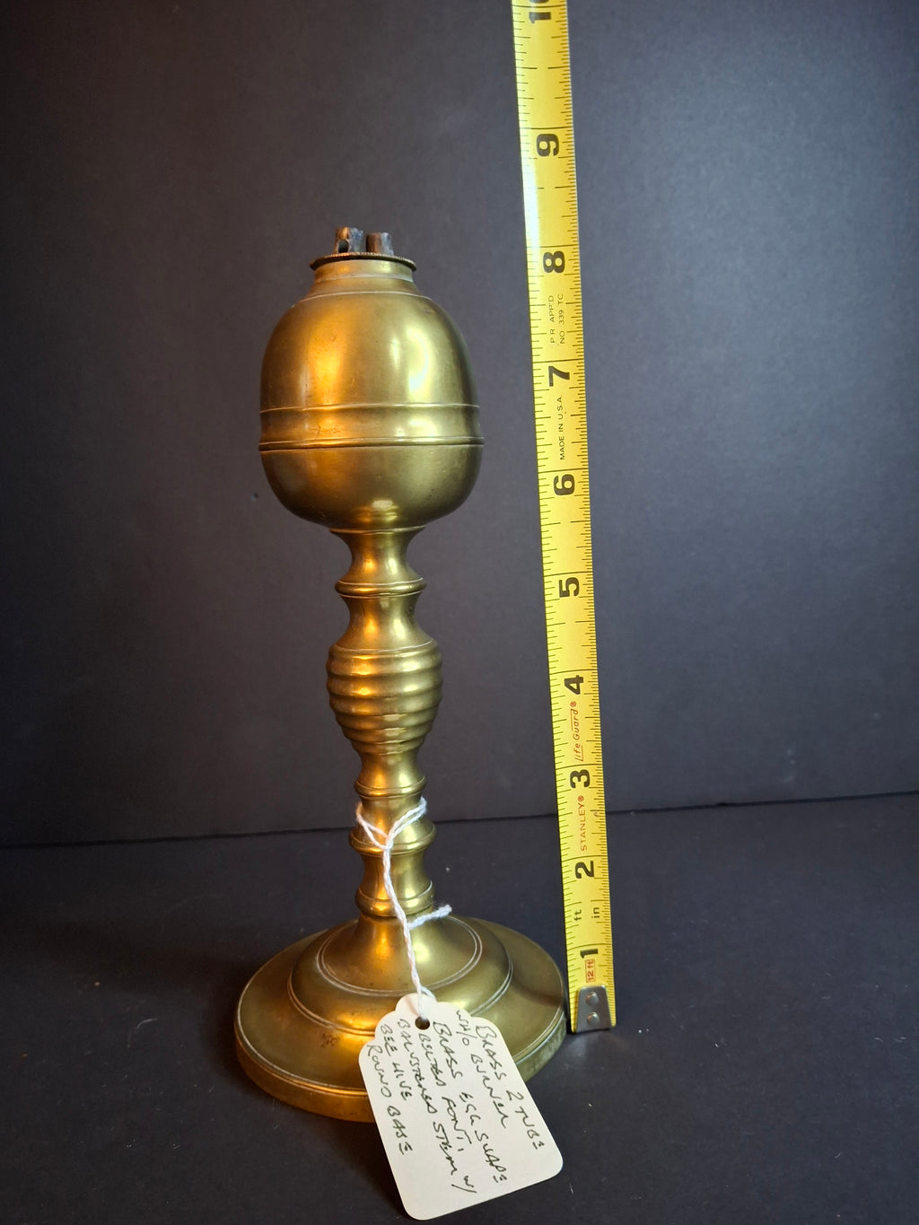 Antique 19th Century Brass Whale Oil Lamp Double Tube Baluster Beehive Stem Colonial 8"