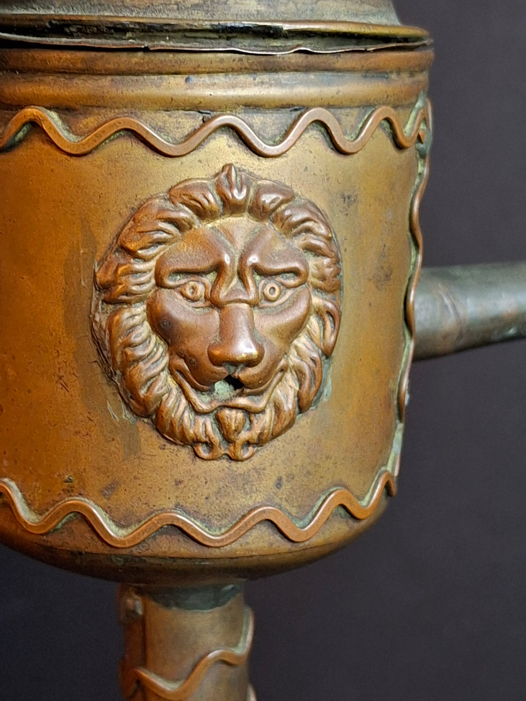 Antique Flemish Brass Snotneus Oil Lamp Ornate Copper Lion Mask Fat Light 19th Century