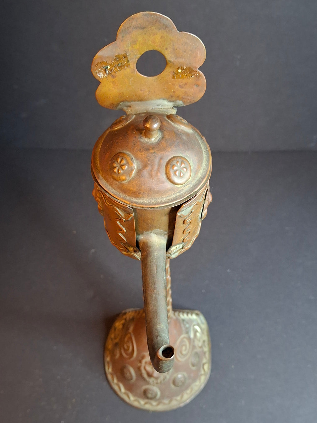 Antique Flemish Brass Snotneus Oil Lamp Ornate Copper Lion Mask Fat Light 19th Century