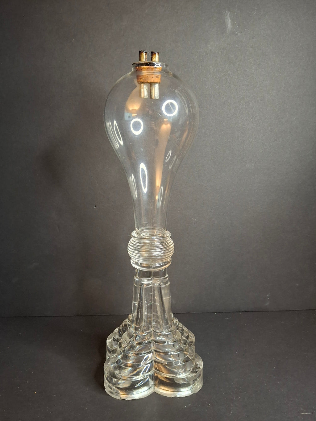 Antique Sandwich Glass Whale Oil Lamp Flint Glass Cloverleaf Base Blown Font c. 1840
