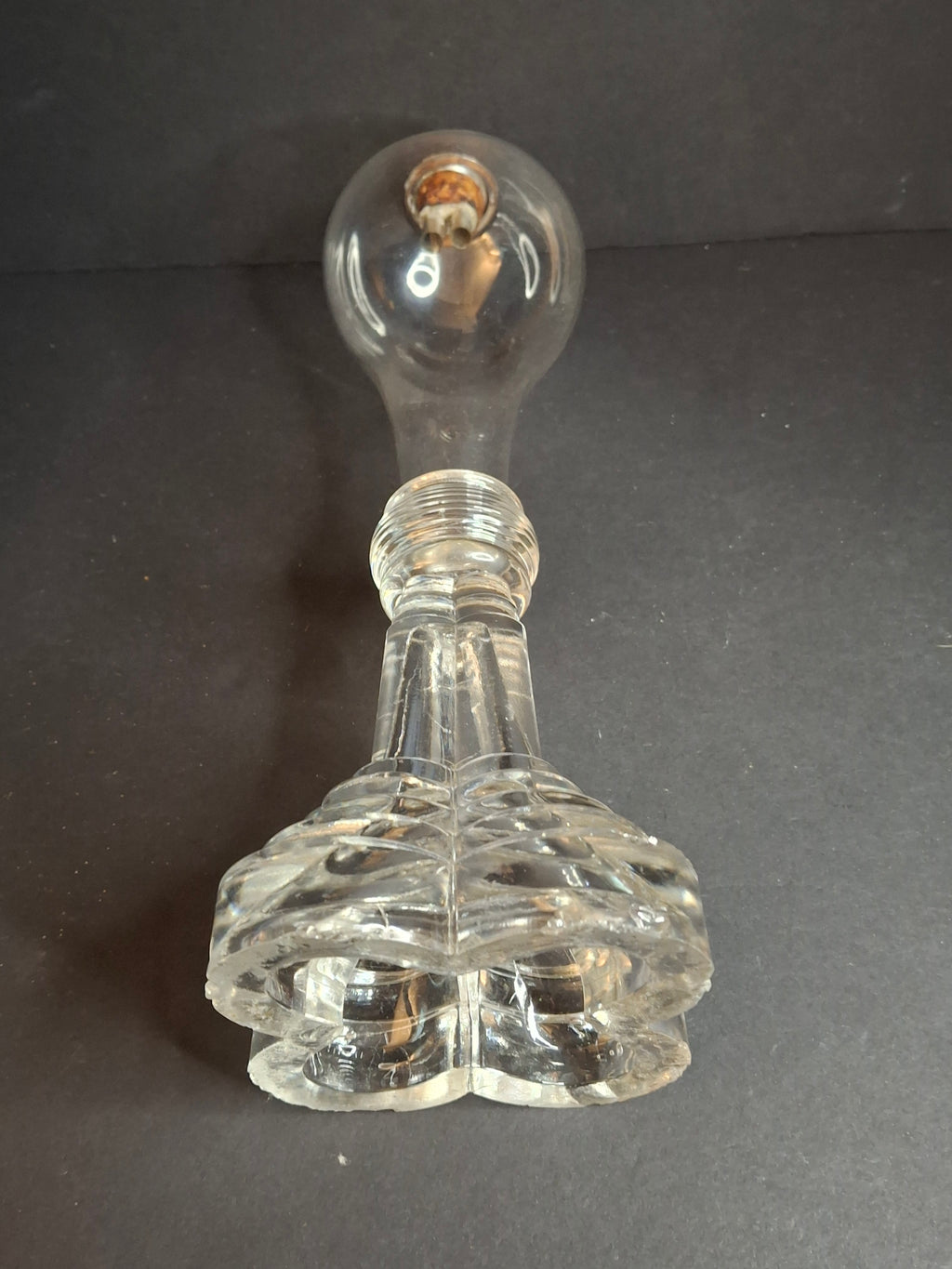 Antique Sandwich Glass Whale Oil Lamp Flint Glass Cloverleaf Base Blown Font c. 1840