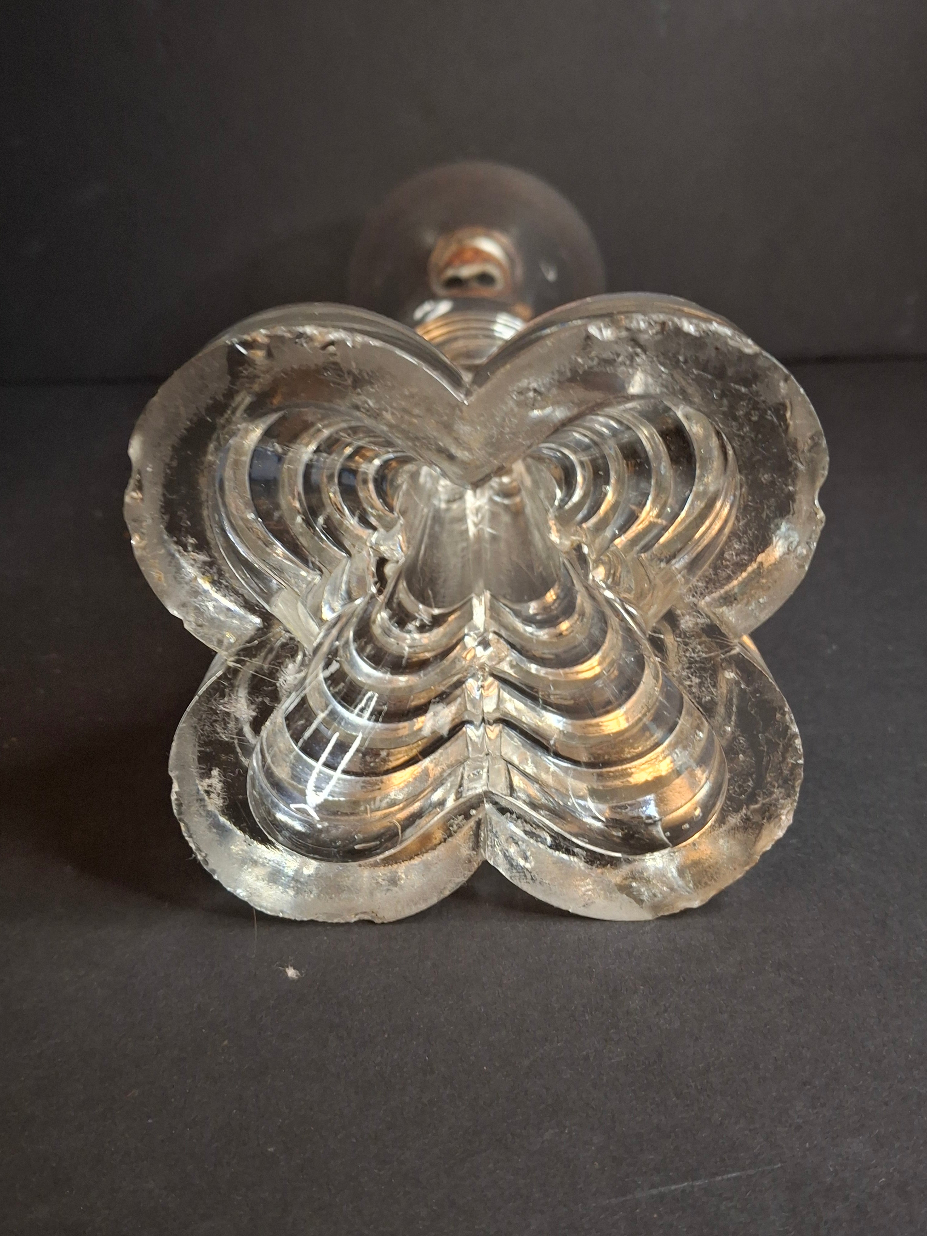 Antique Sandwich Glass Whale Oil Lamp Flint Glass Cloverleaf Base Blown Font c. 1840