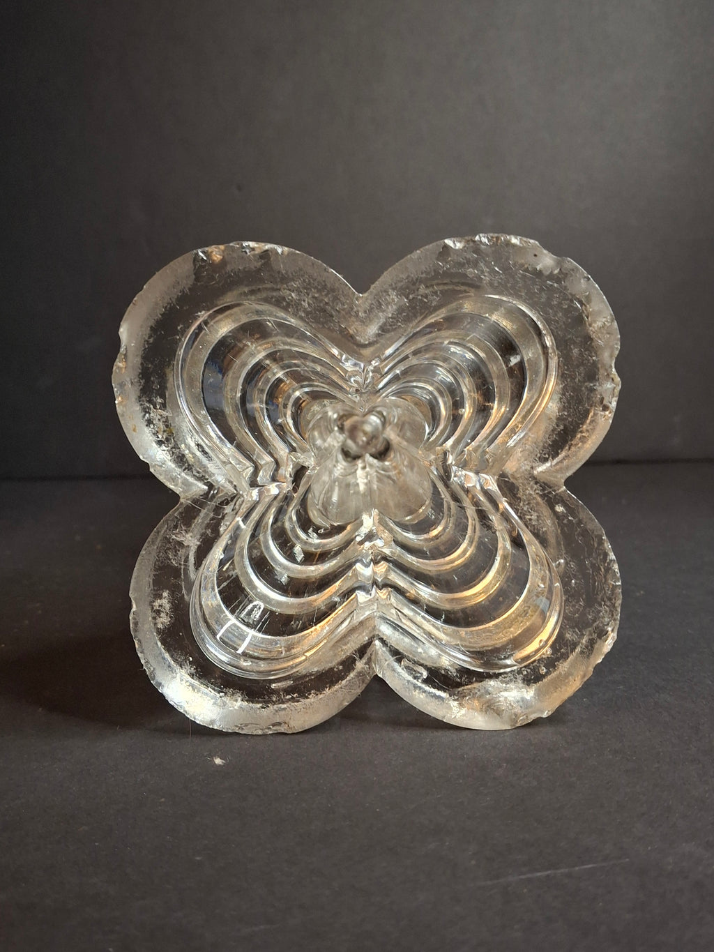Antique Sandwich Glass Whale Oil Lamp Flint Glass Cloverleaf Base Blown Font c. 1840