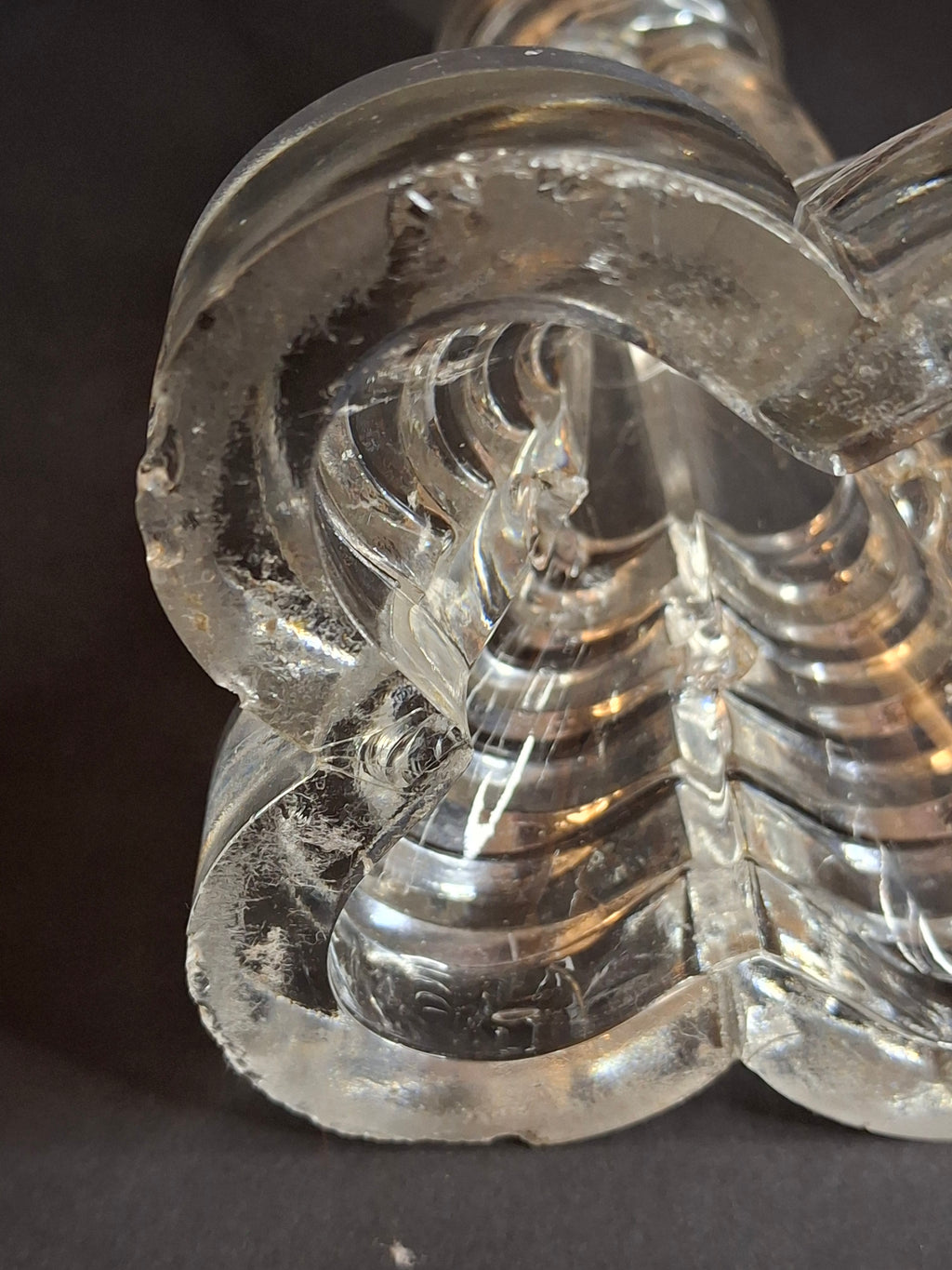 Antique Sandwich Glass Whale Oil Lamp Flint Glass Cloverleaf Base Blown Font c. 1840
