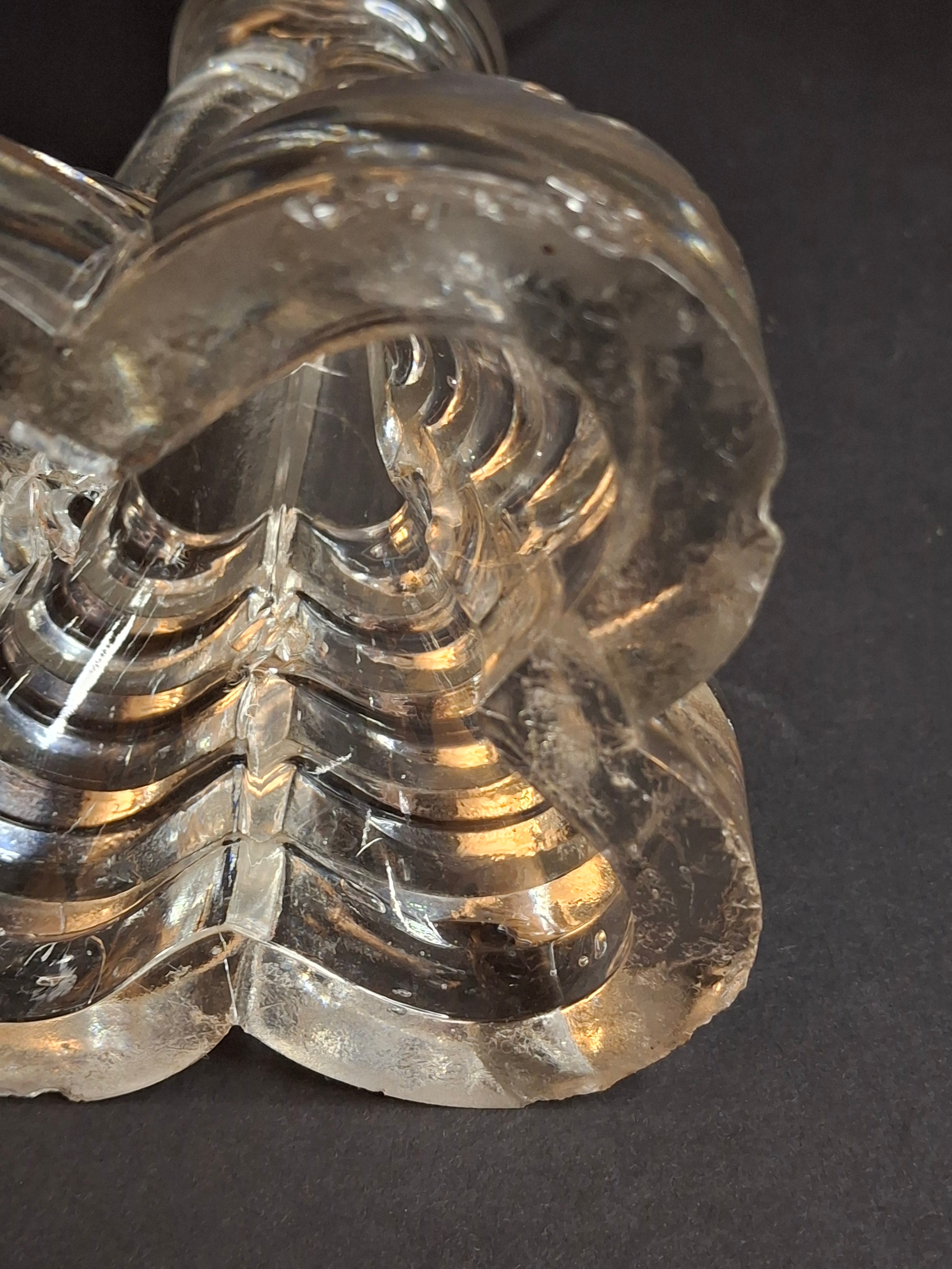 Antique Sandwich Glass Whale Oil Lamp Flint Glass Cloverleaf Base Blown Font c. 1840