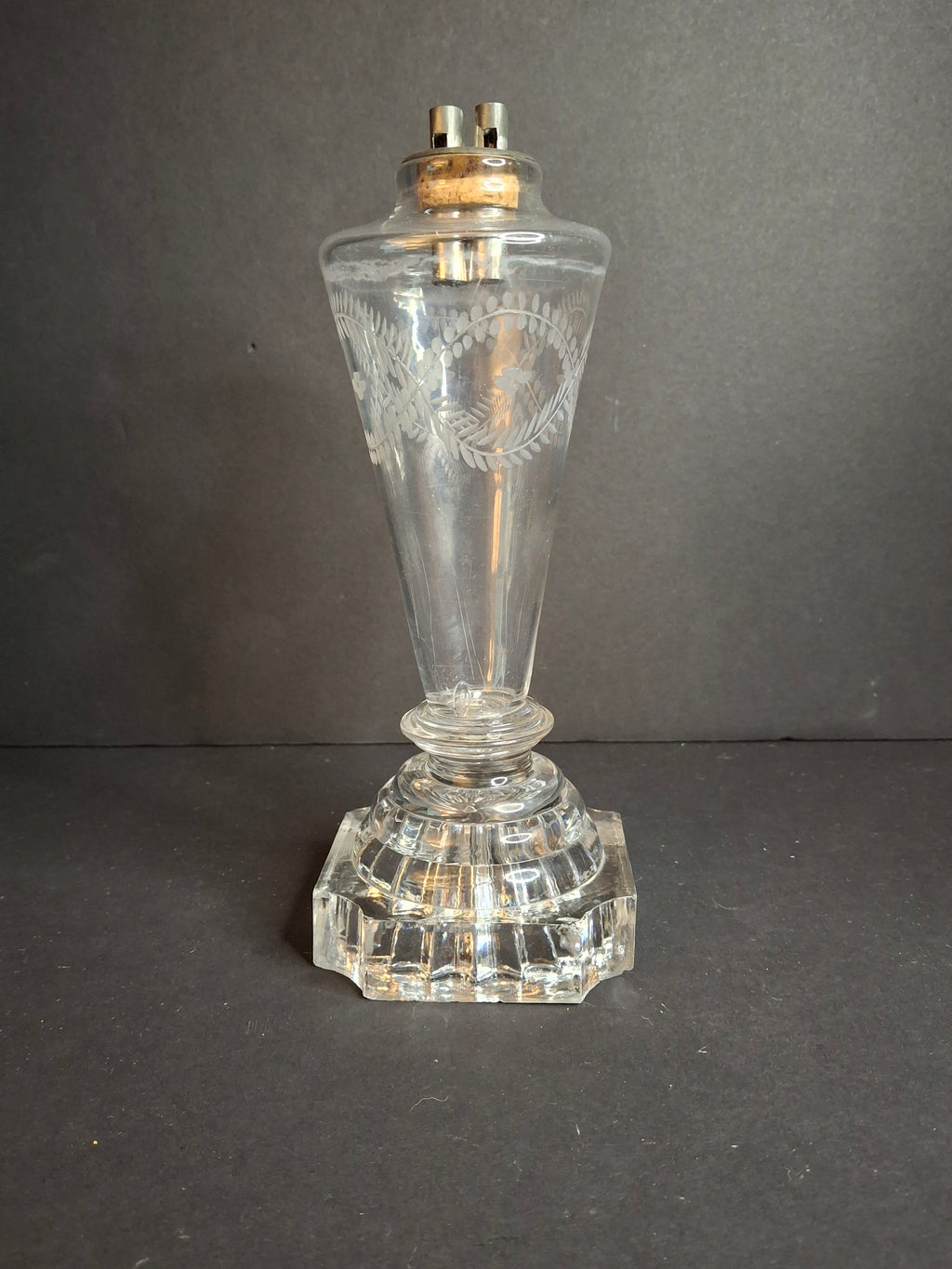 Rare Antique 1840 EAPG Flint Glass Whale Oil Lamp | Wheel-Etched Font & Starburst Base