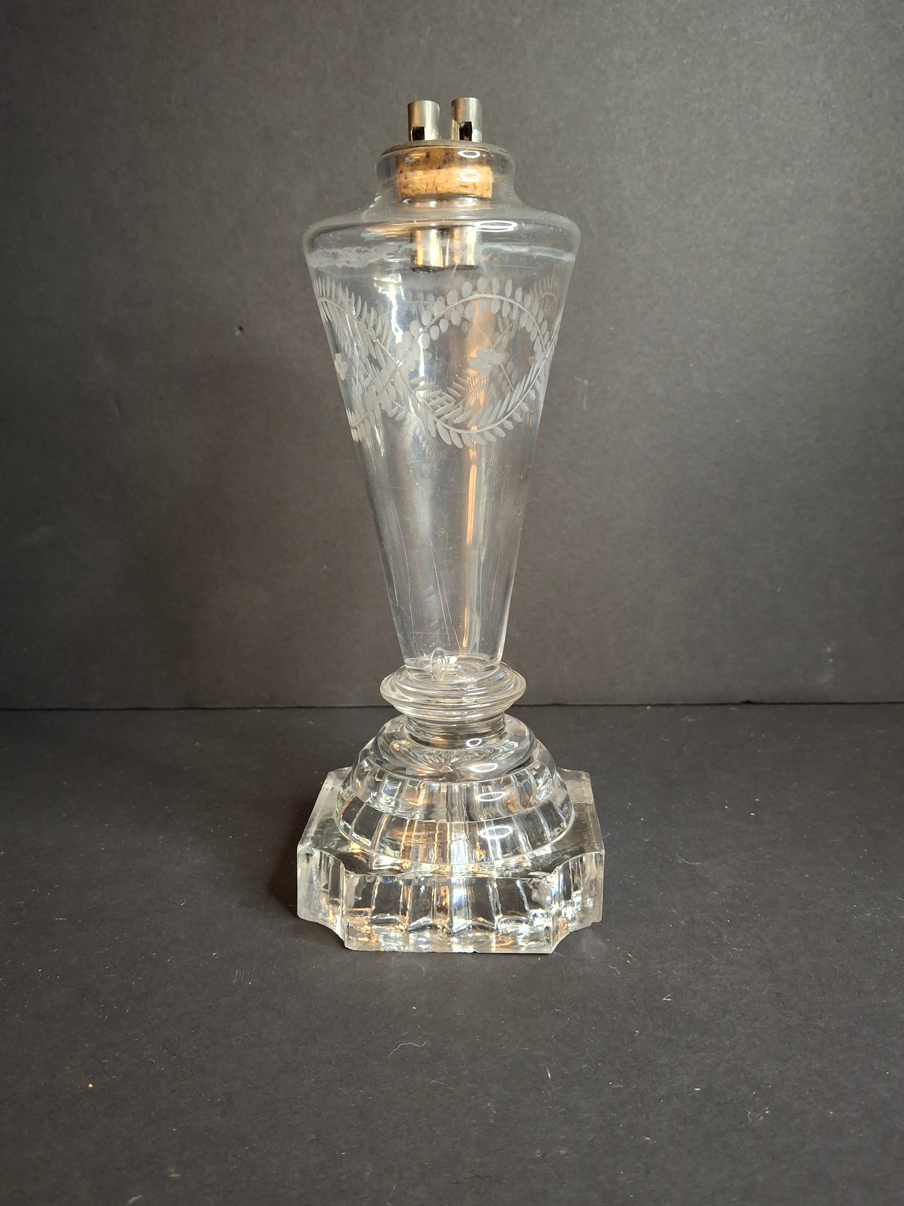 Rare Antique 1840 EAPG Flint Glass Whale Oil Lamp | Wheel-Etched Font & Starburst Base