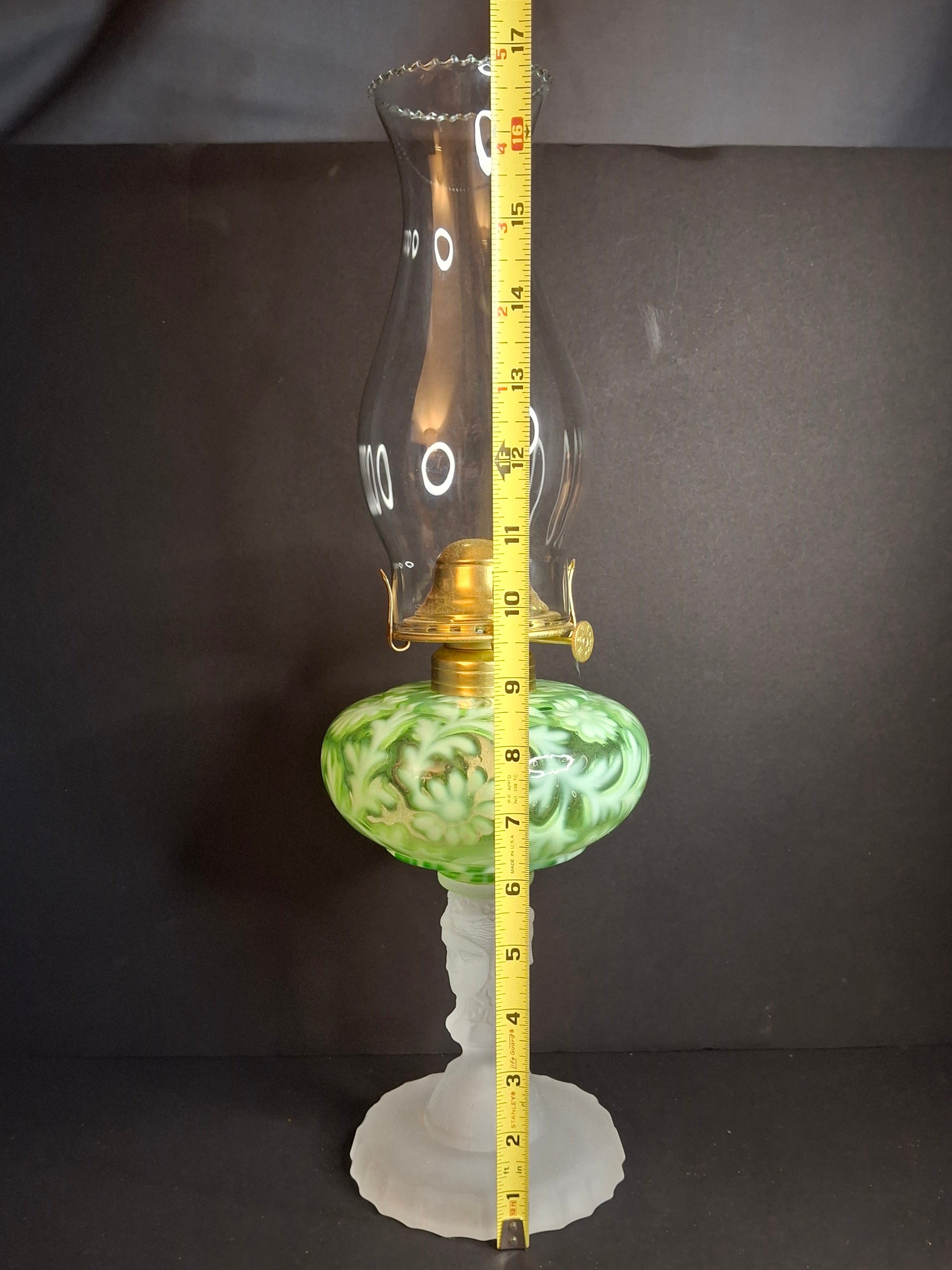 Vintage-Style Green Floral Glass Table Lamp with Frosted Female Head Pedestal Base