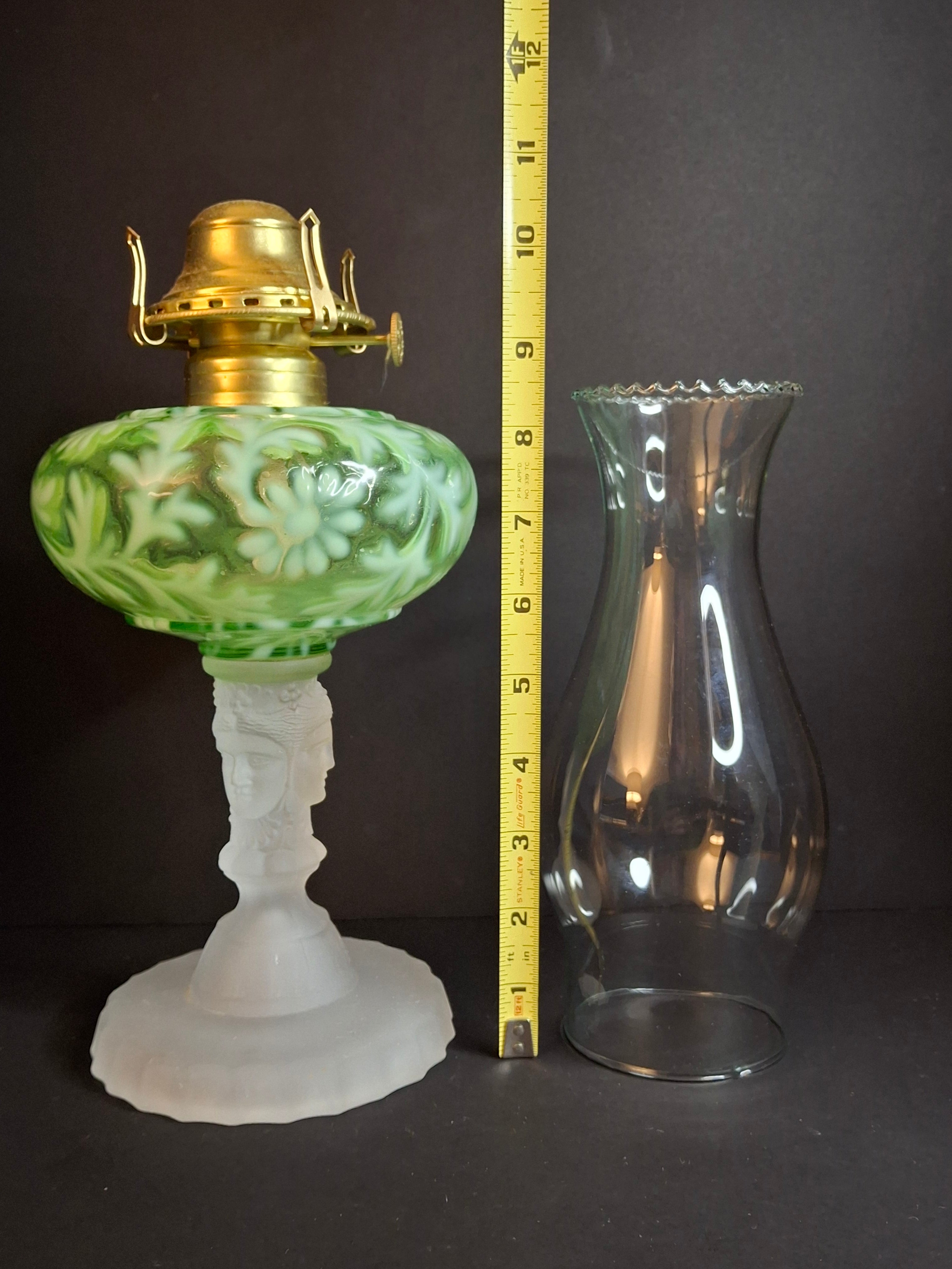 Vintage-Style Green Floral Glass Table Lamp with Frosted Female Head Pedestal Base