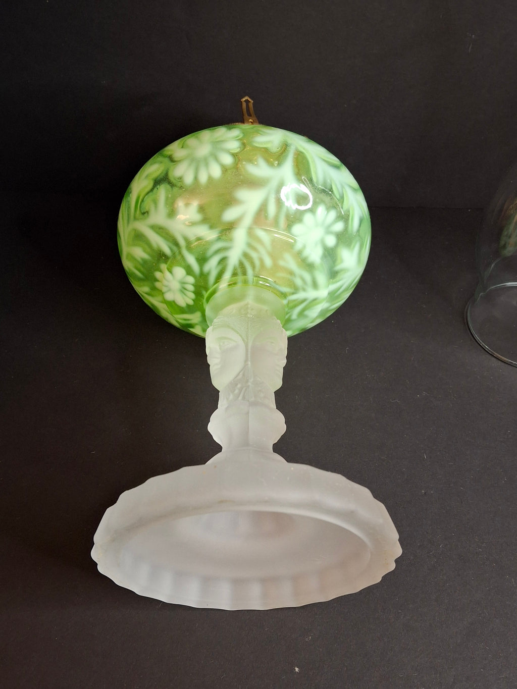 Vintage-Style Green Floral Glass Table Lamp with Frosted Female Head Pedestal Base