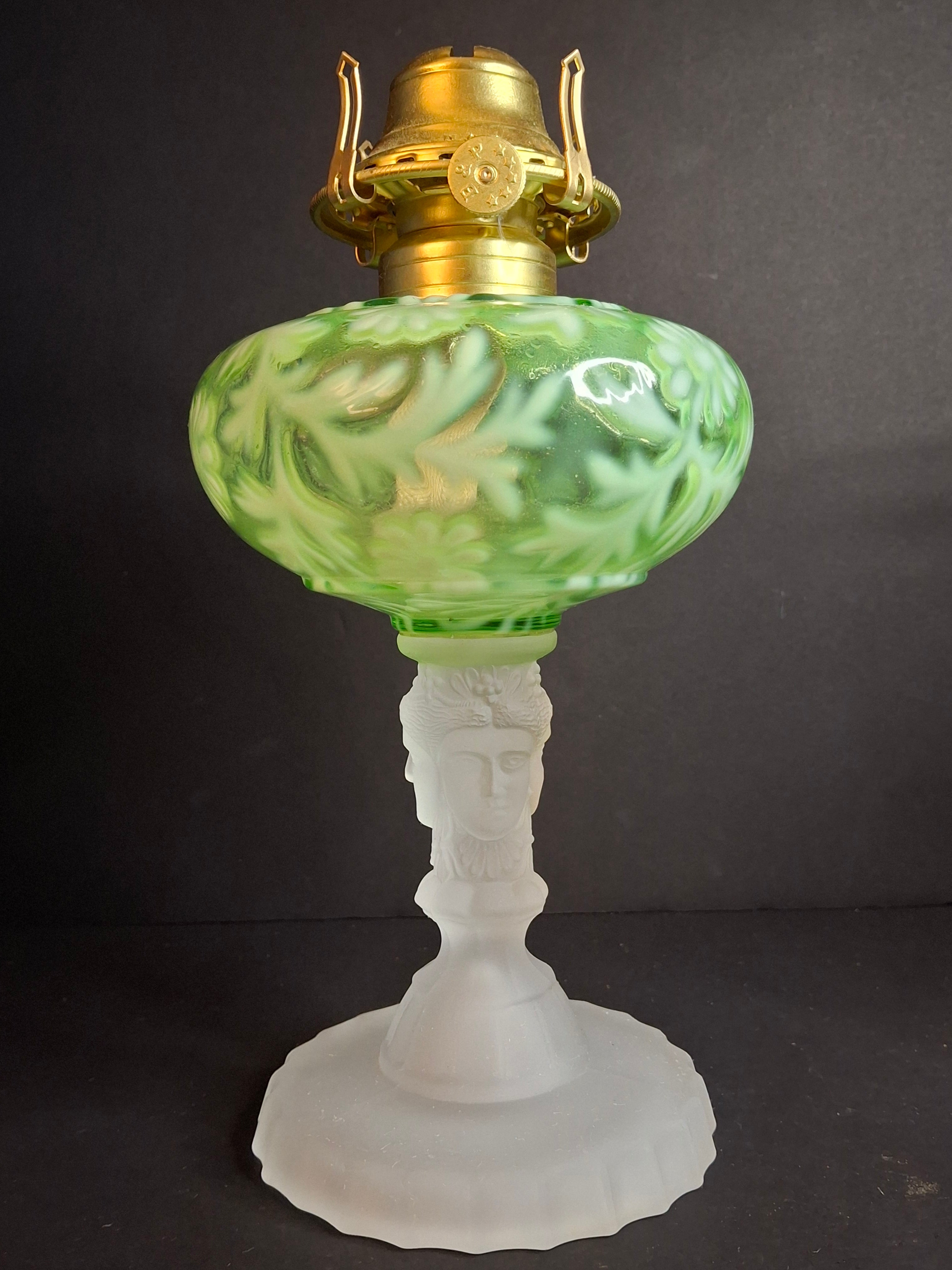 Vintage-Style Green Floral Glass Table Lamp with Frosted Female Head Pedestal Base