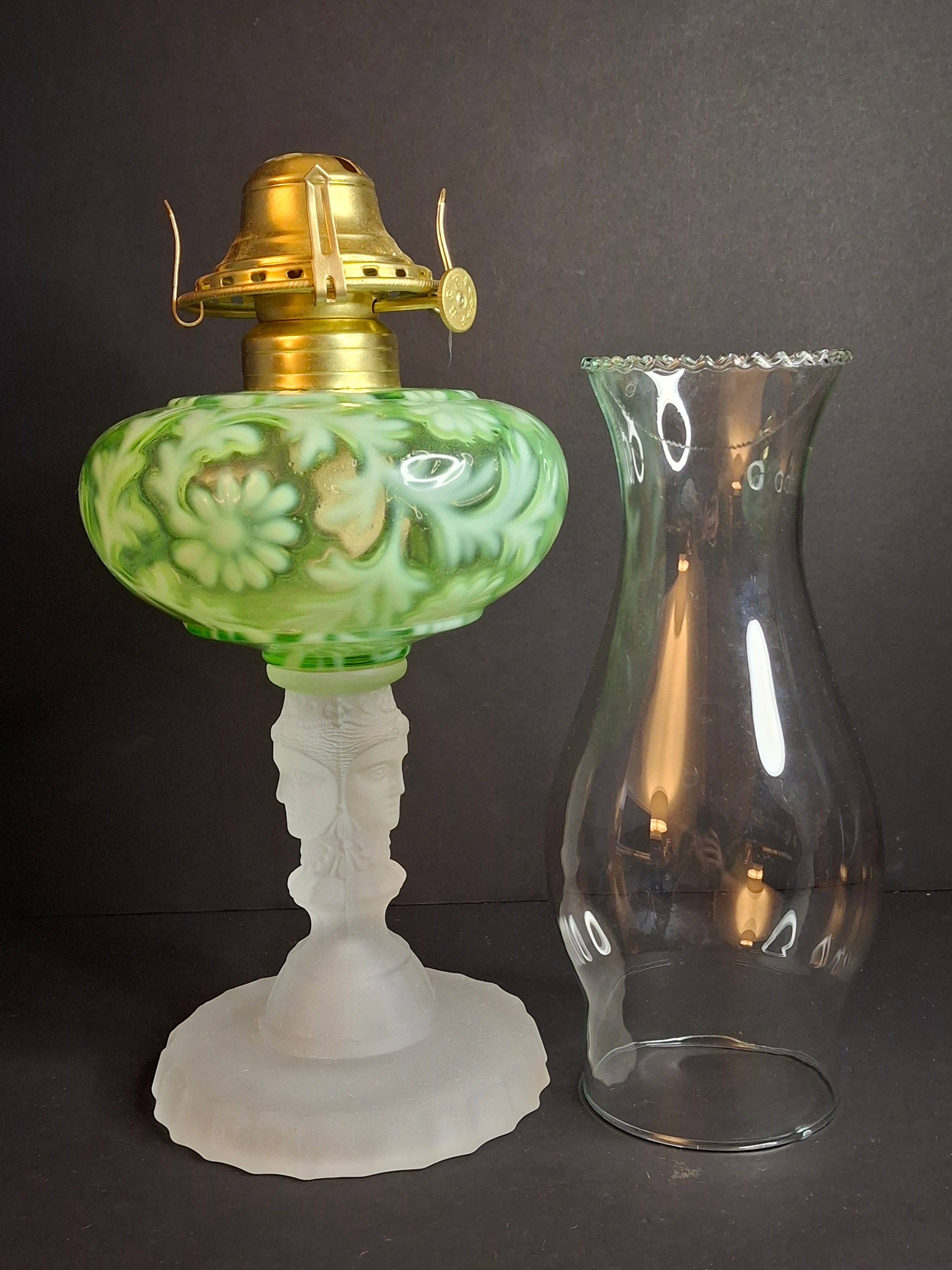 Vintage-Style Green Floral Glass Table Lamp with Frosted Female Head Pedestal Base