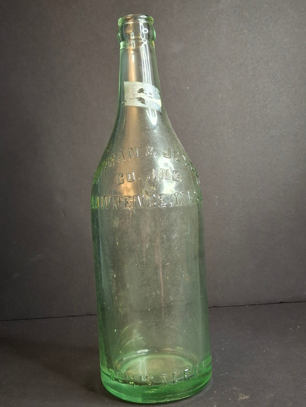 Antique 1926 Curran & Joyce Co. Lawrence Mass. Embossed Green Glass Soda Bottle 11"