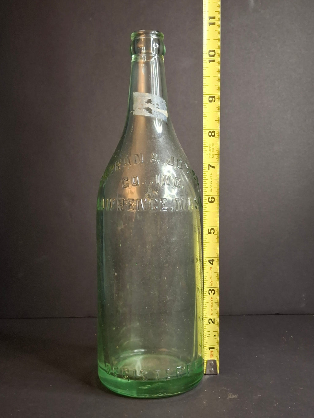 Antique 1926 Curran & Joyce Co. Lawrence Mass. Embossed Green Glass Soda Bottle 11"