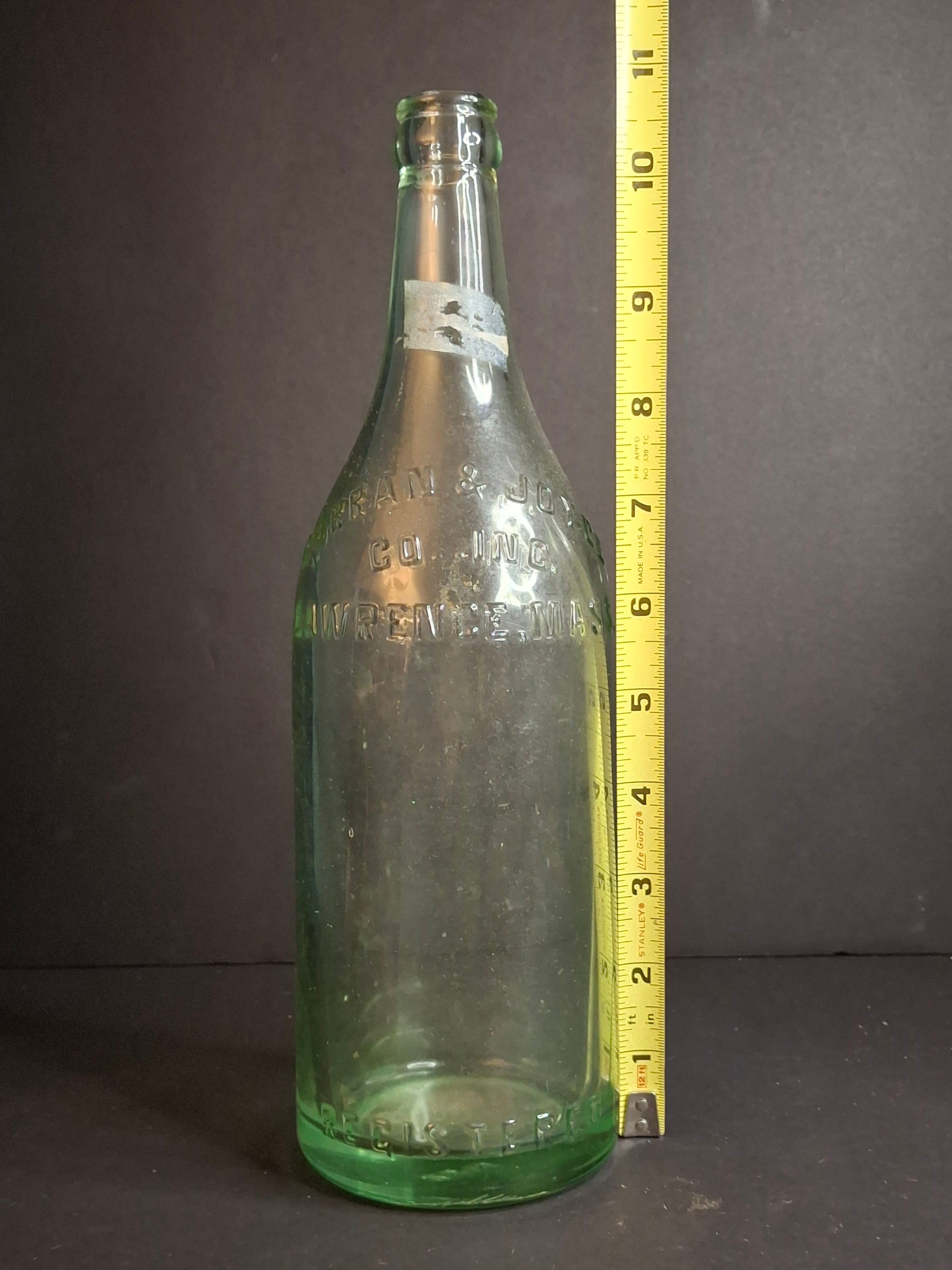 Antique 1926 Curran & Joyce Co. Lawrence Mass. Embossed Green Glass Soda Bottle 11"