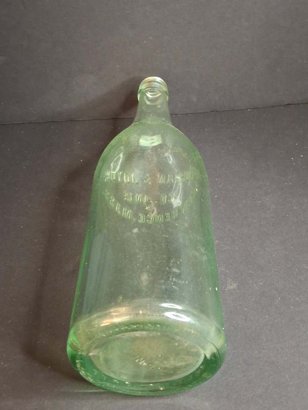 Antique 1926 Curran & Joyce Co. Lawrence Mass. Embossed Green Glass Soda Bottle 11"