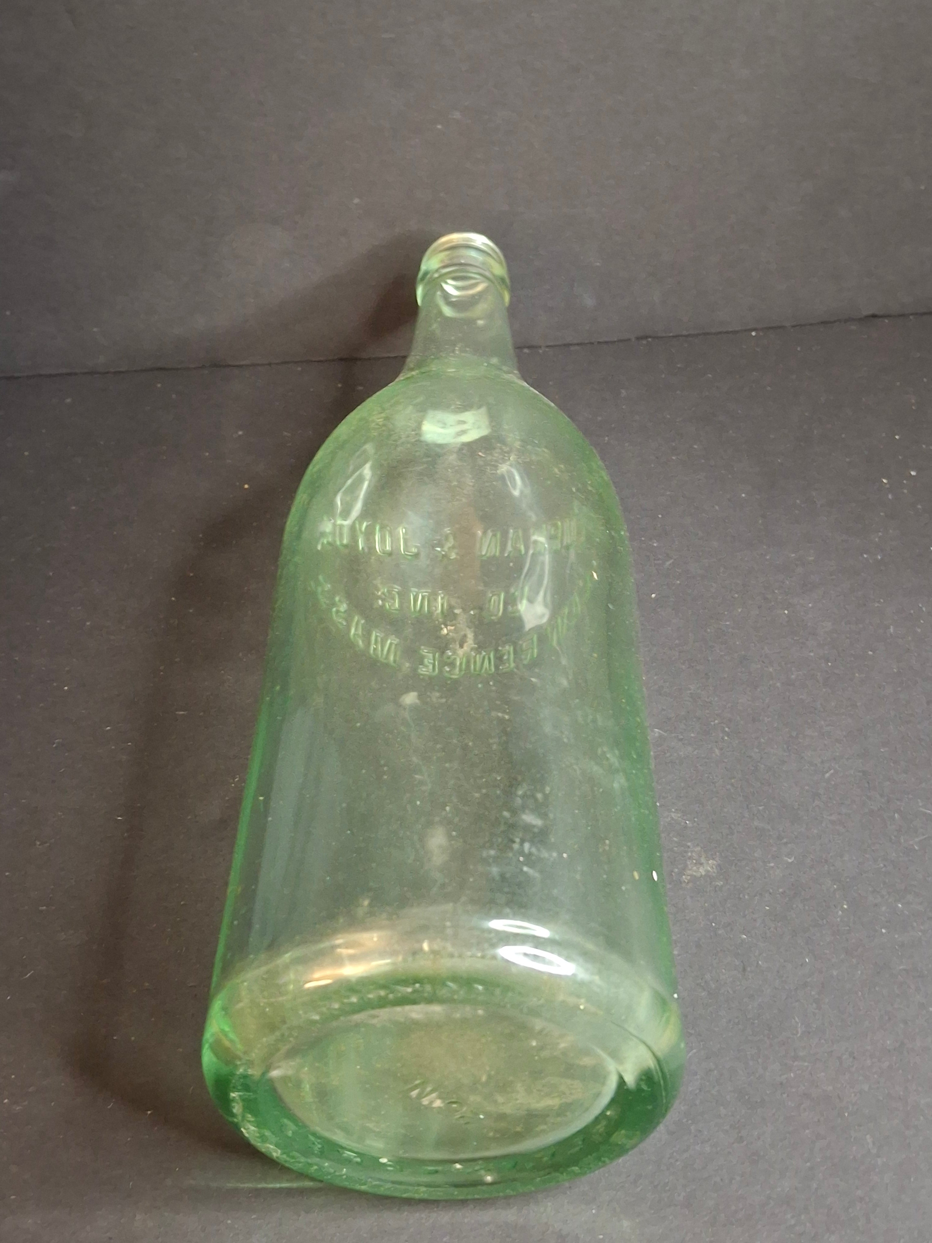Antique 1926 Curran & Joyce Co. Lawrence Mass. Embossed Green Glass Soda Bottle 11"