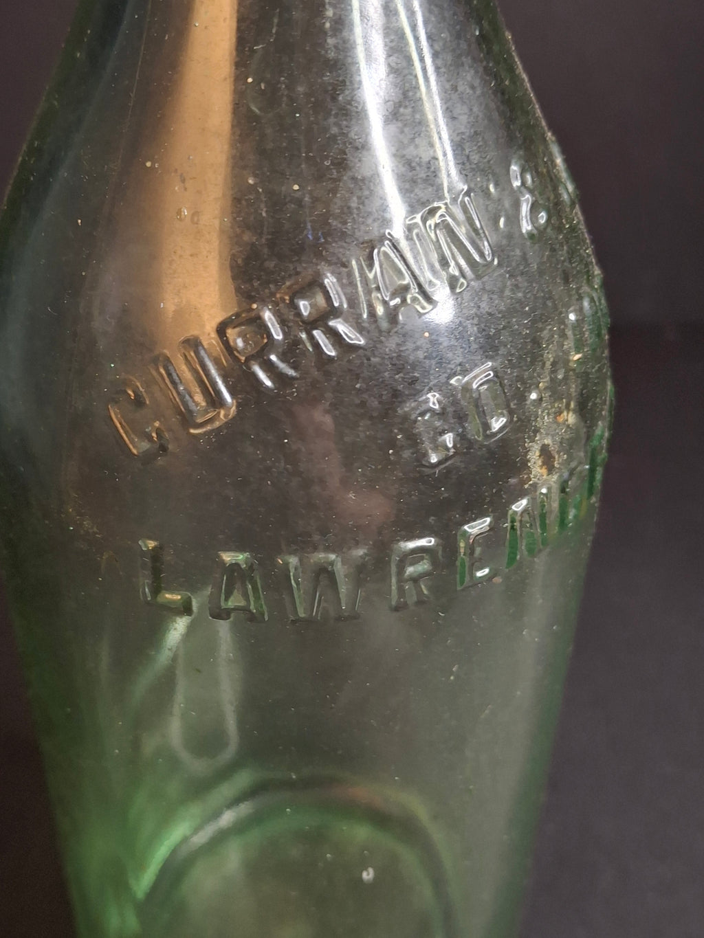 Antique 1926 Curran & Joyce Co. Lawrence Mass. Embossed Green Glass Soda Bottle 11"
