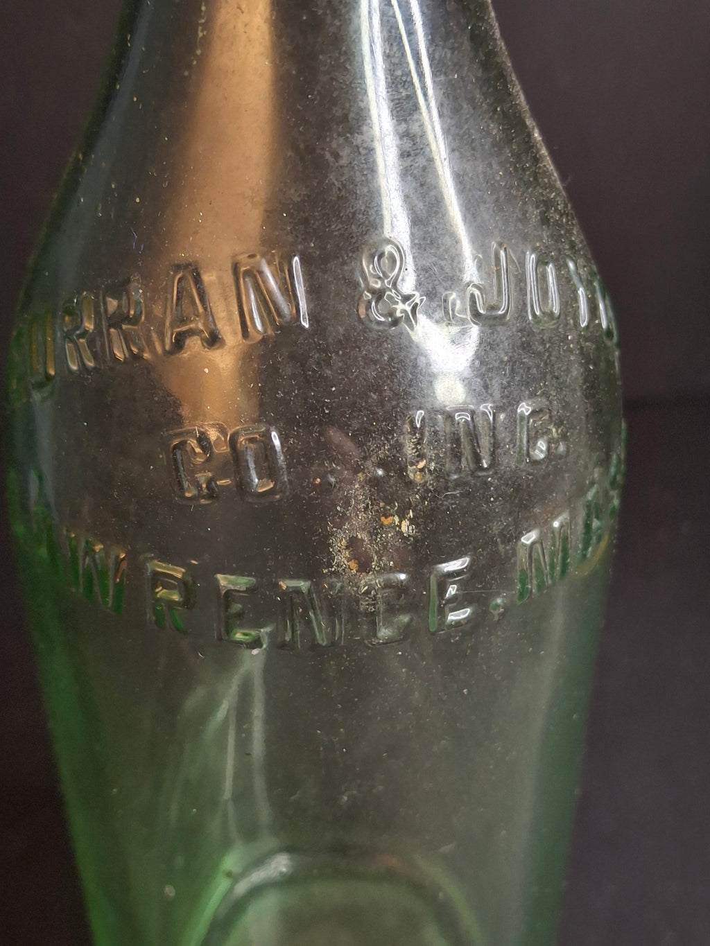Antique 1926 Curran & Joyce Co. Lawrence Mass. Embossed Green Glass Soda Bottle 11"