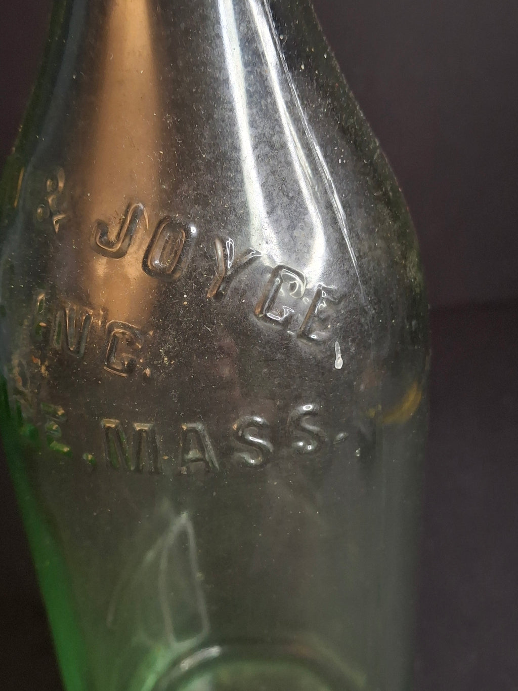 Antique 1926 Curran & Joyce Co. Lawrence Mass. Embossed Green Glass Soda Bottle 11"