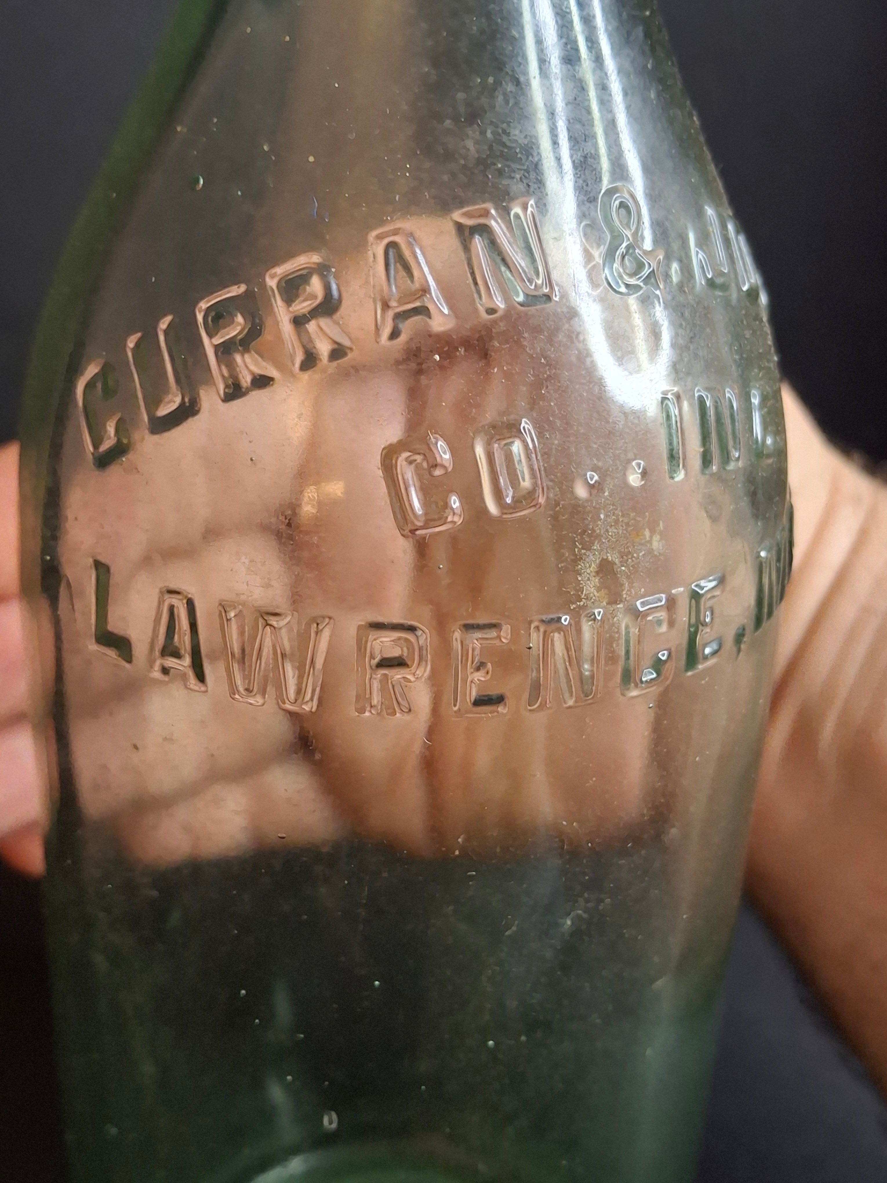 Antique 1926 Curran & Joyce Co. Lawrence Mass. Embossed Green Glass Soda Bottle 11"