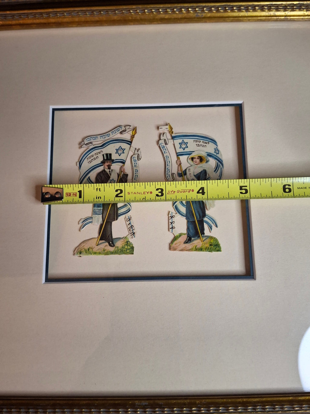 Antique Judaica Rosh Hashanah Die Cut Greeting Cards Framed Pair Hebrew Publishing Co c 1910