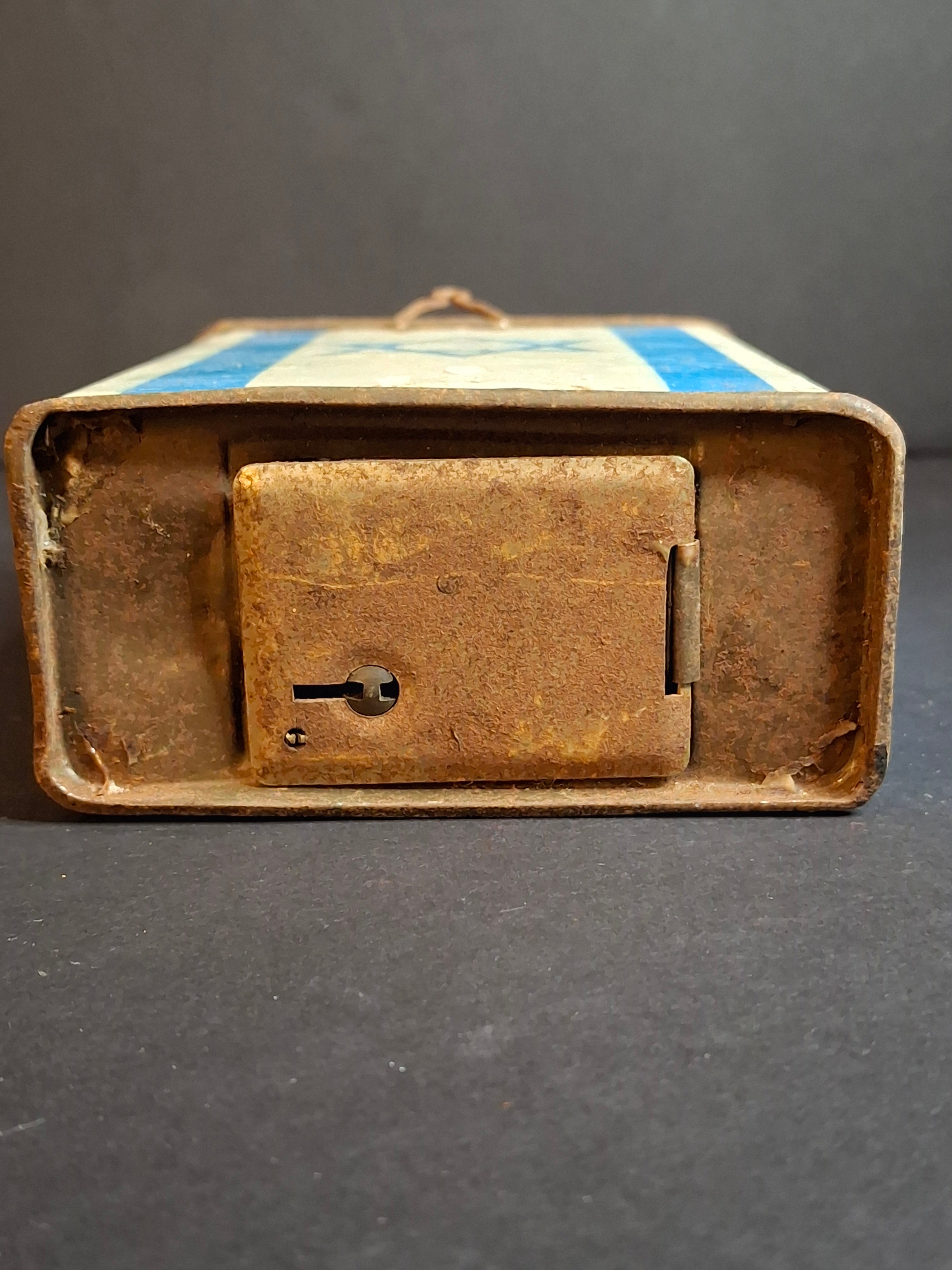 Vintage JNF Israel Tzedakah Box Litho Tin Map Flag KKL Pushke Levin-Epstein 1950s