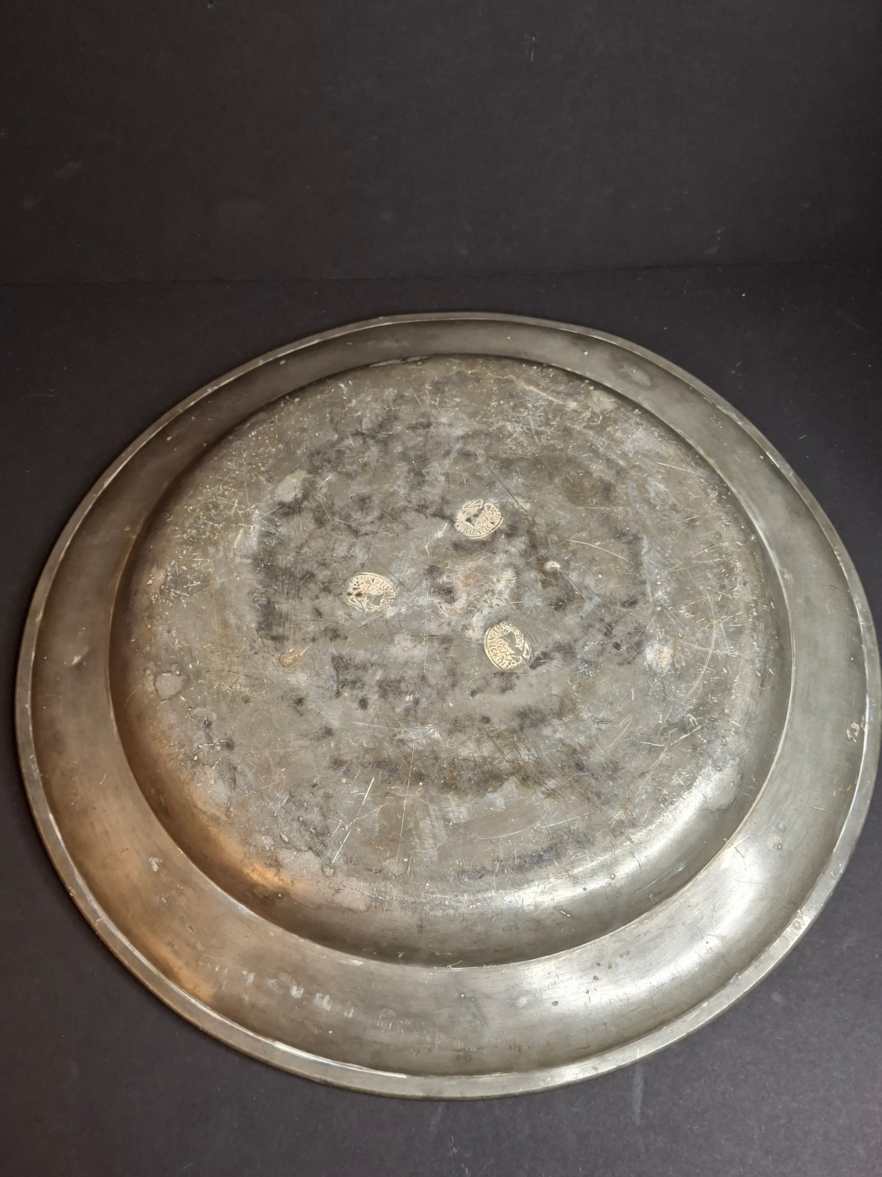Large Antique 14" Pewter Charger Plate - Early American Style "Blanck" Touch Marks